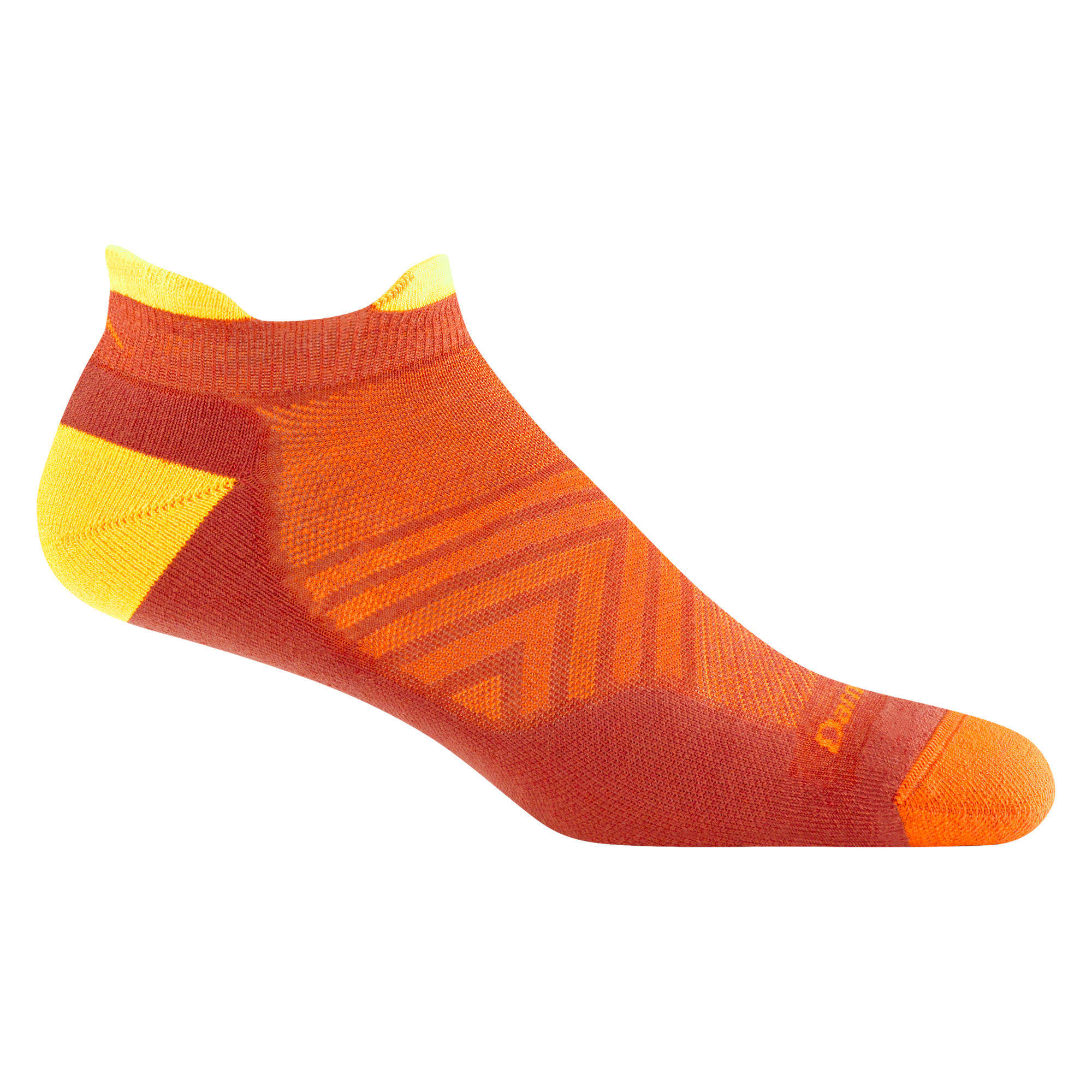 1039 men's no show tab running sock in lava with orange toe and yellow heel and tab accents