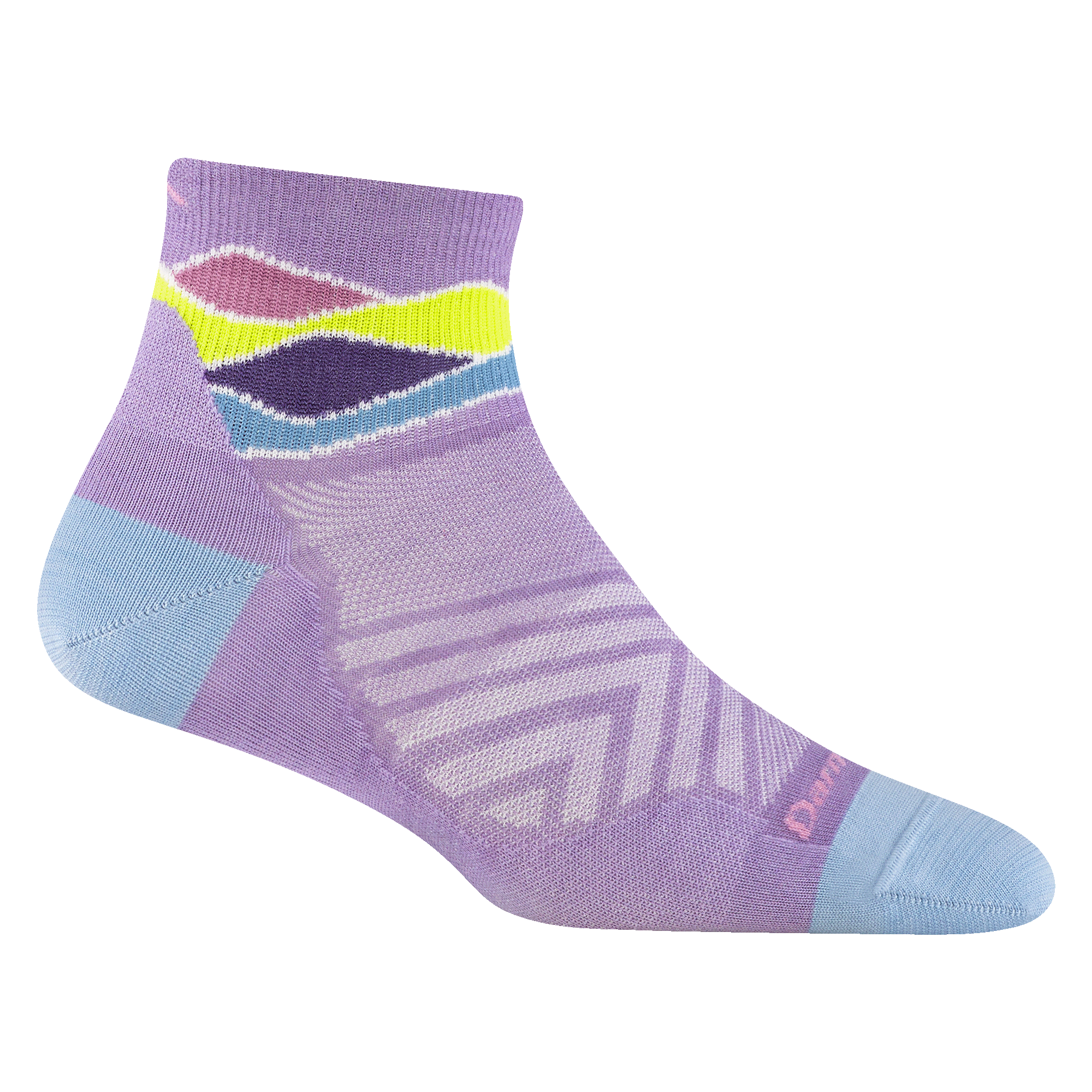 1044 women's quarter running sock in color lavender with blue toe and cuff detailing and light blue heel