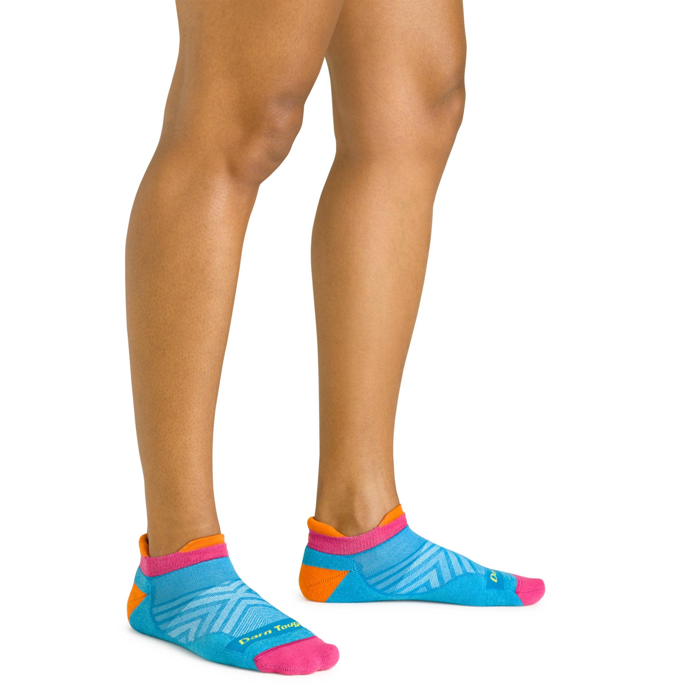 Close up shot of model wearing the women's no show tab runnning sock in ocean blue with no shoes on