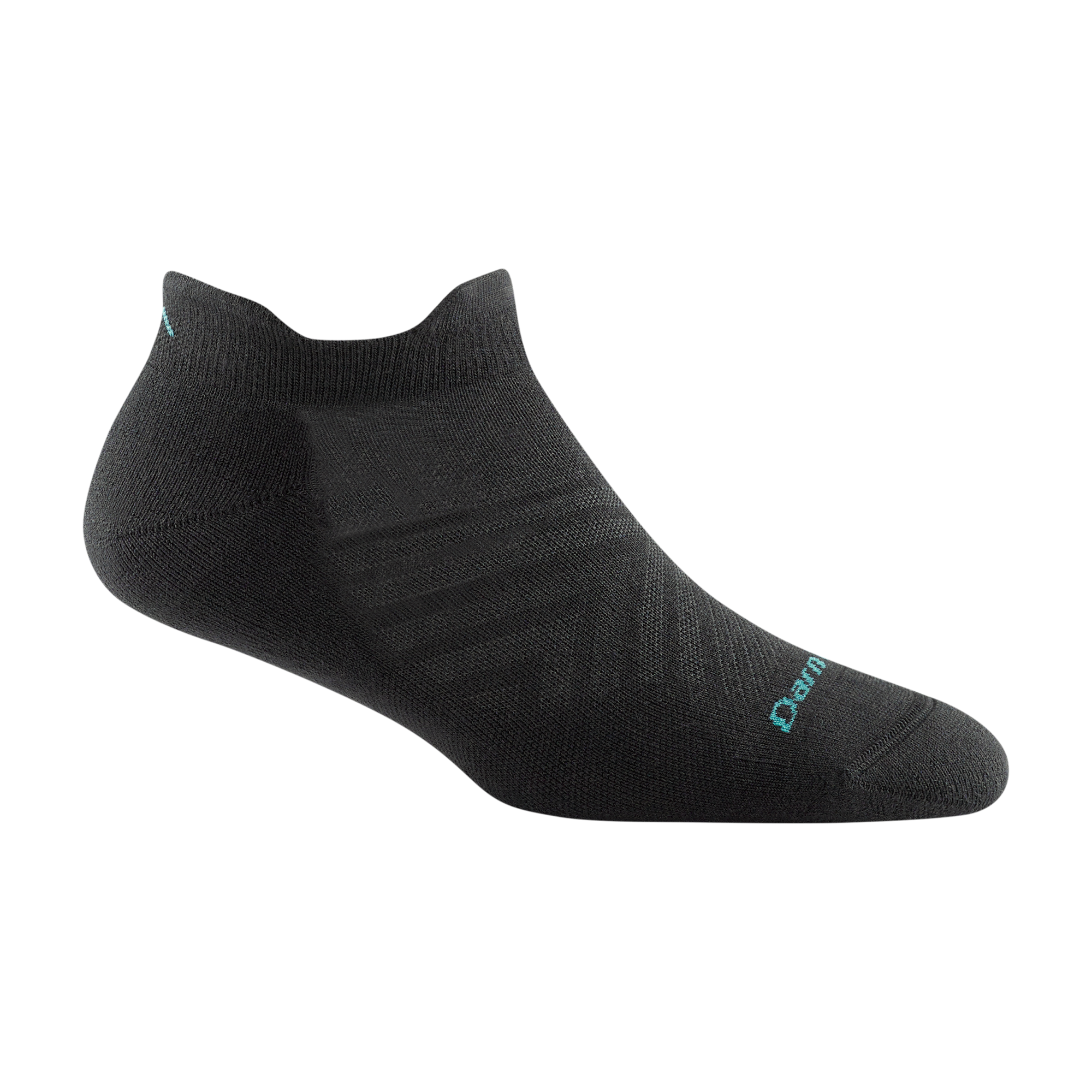 1052 women's coolmax run no show tab running sock in black with light blue darn tough signature on forefoot