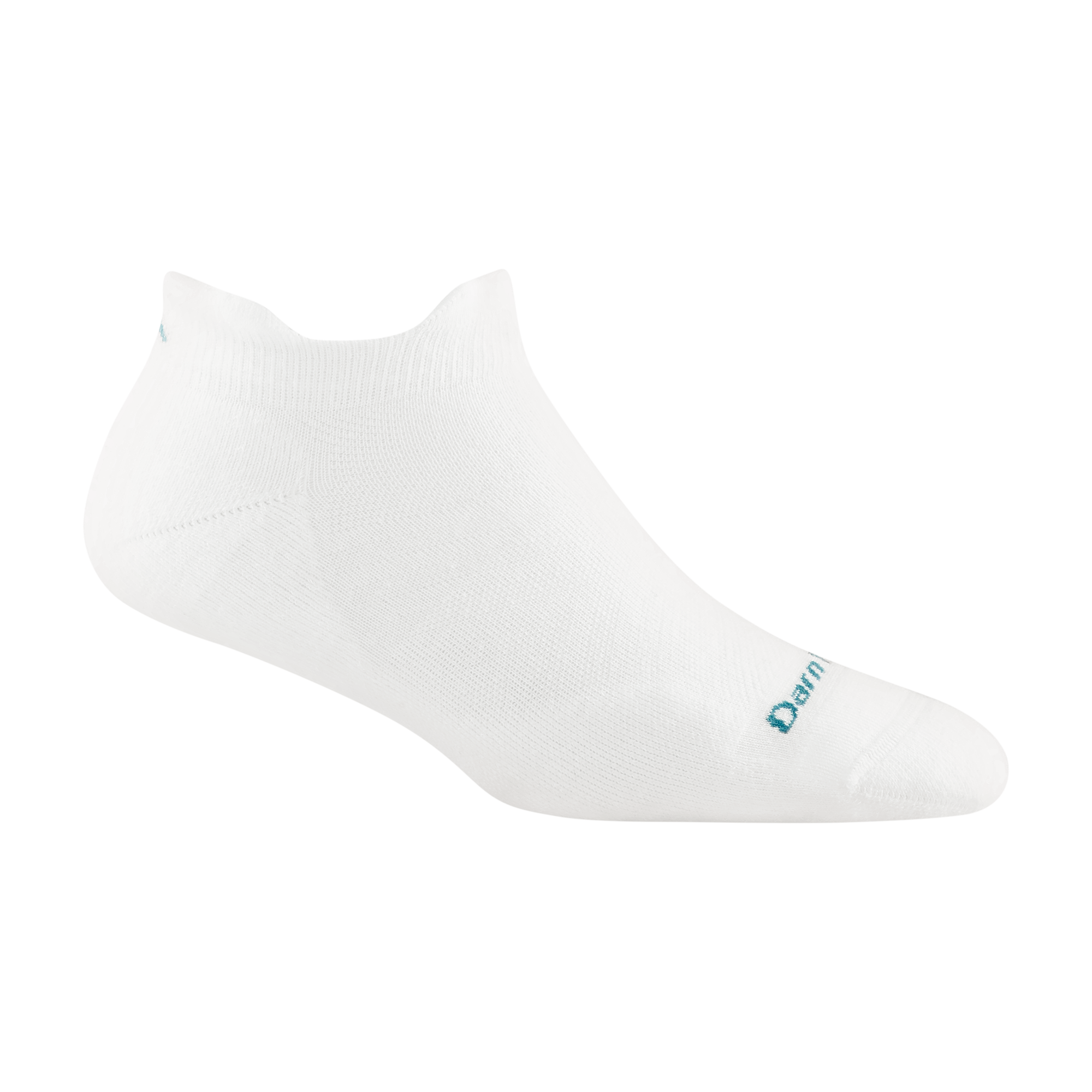1052 women's coolmax run no show tab running sock in white with teal darn tough signature on forefoot