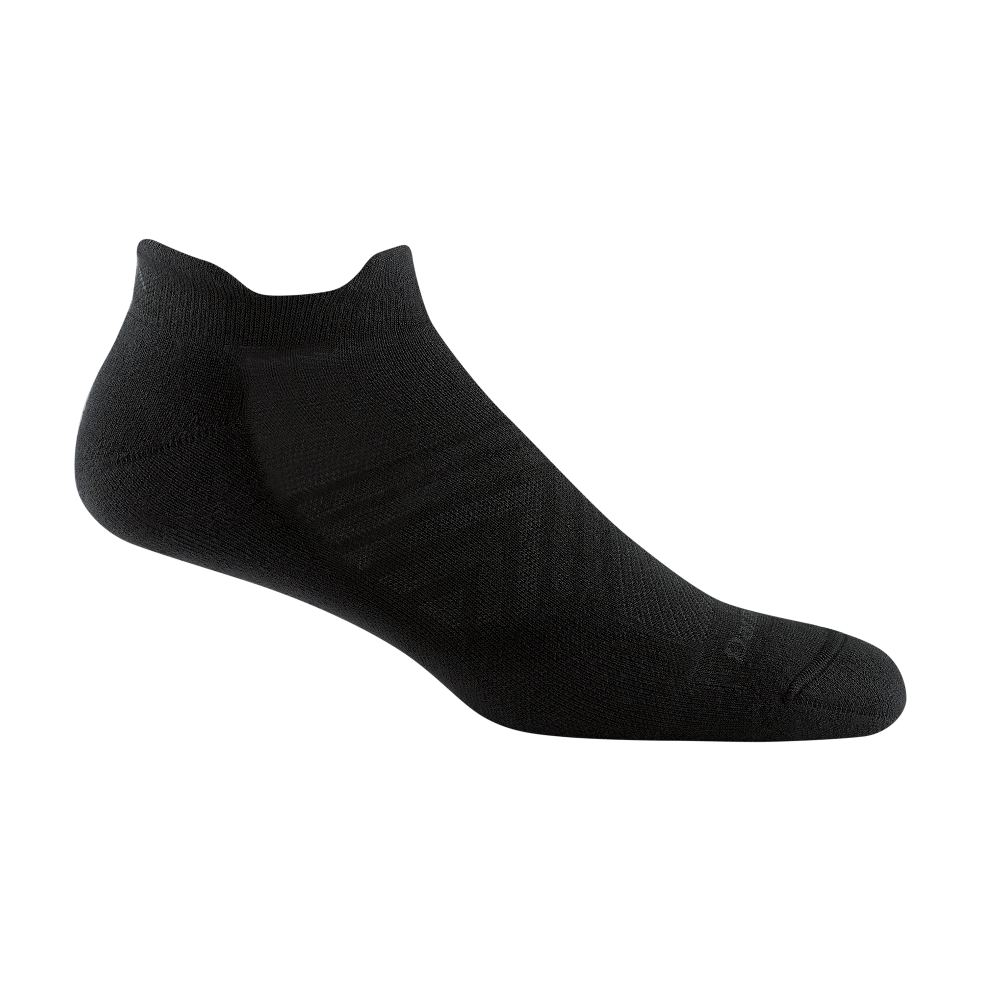 1054 men's coolmax no show tab running sock in black with dark gray darn tough signature on forefoot
