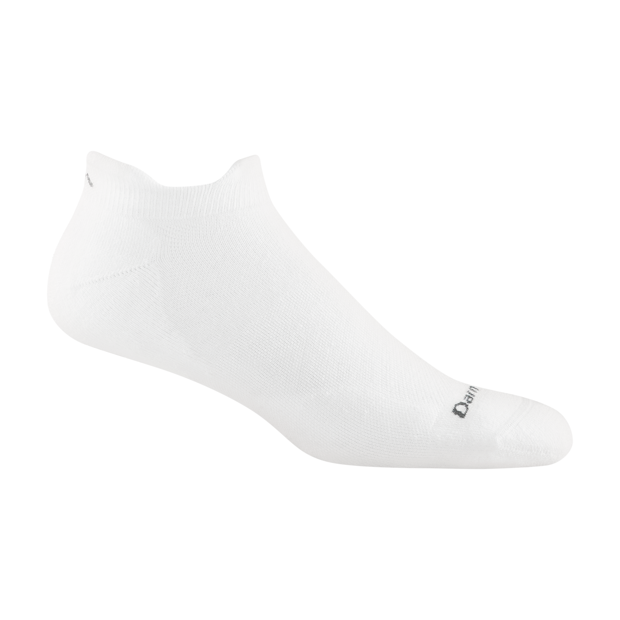 1054 men's coolmax no show tab running sock in white with dark grey darn tough signature on forefoot
