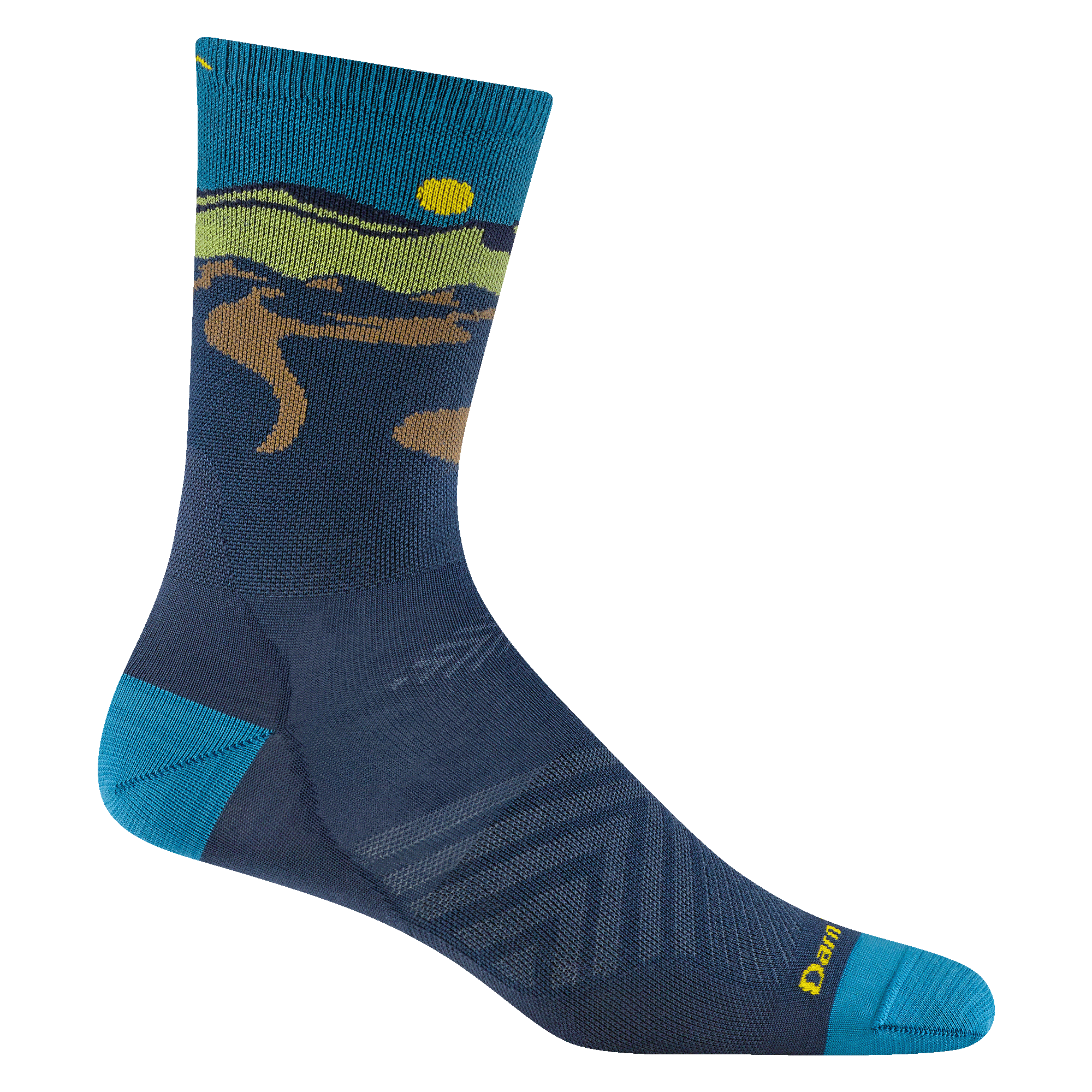 1056 men's ridge runner micro crew running sock in midnight with blue accents and mountain scene on cuff