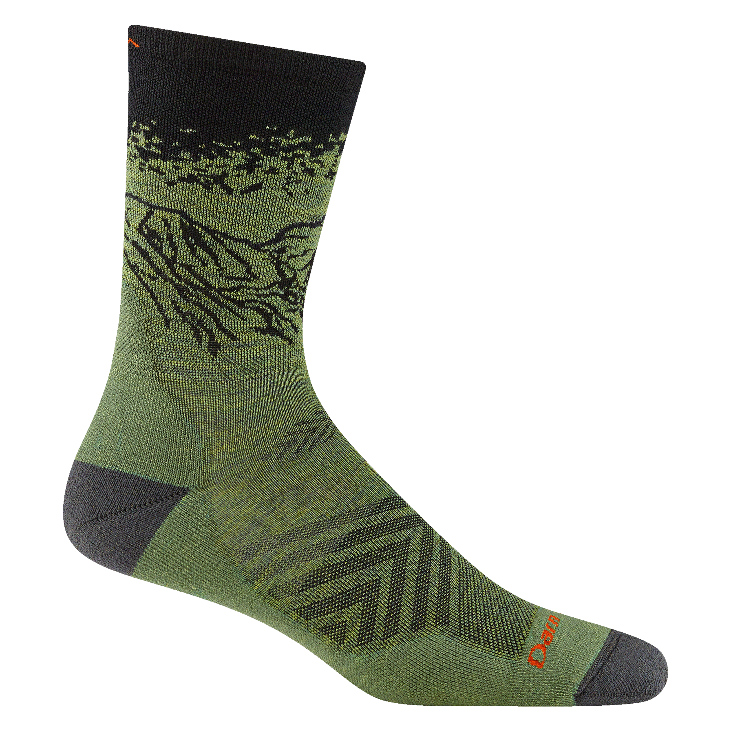 Reverse 1056 men's vert micro crew running sock in Lichen with red accents and mountain scene on cuff