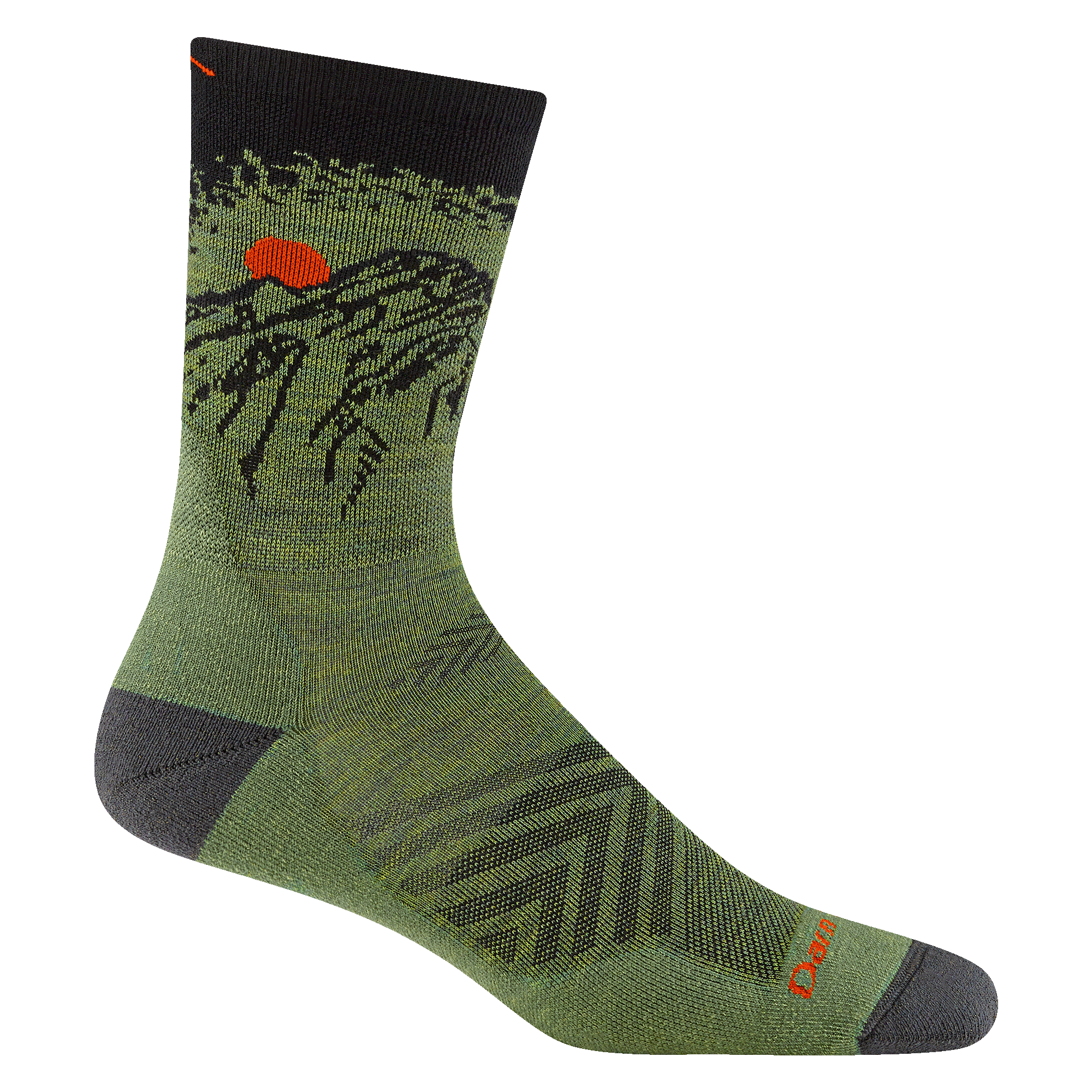 1056 men's vert micro crew running sock in Lichen with red accents and mountain scene on cuff