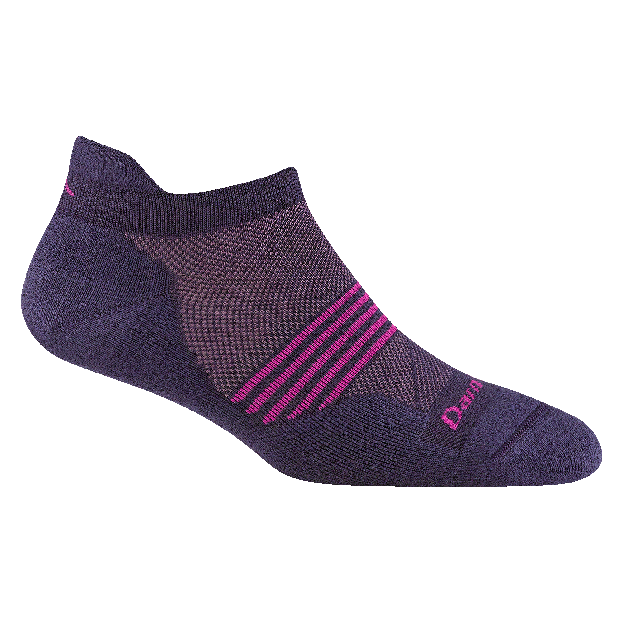 1112 women's element no show running sock in blackberry with pink forefoot striping
