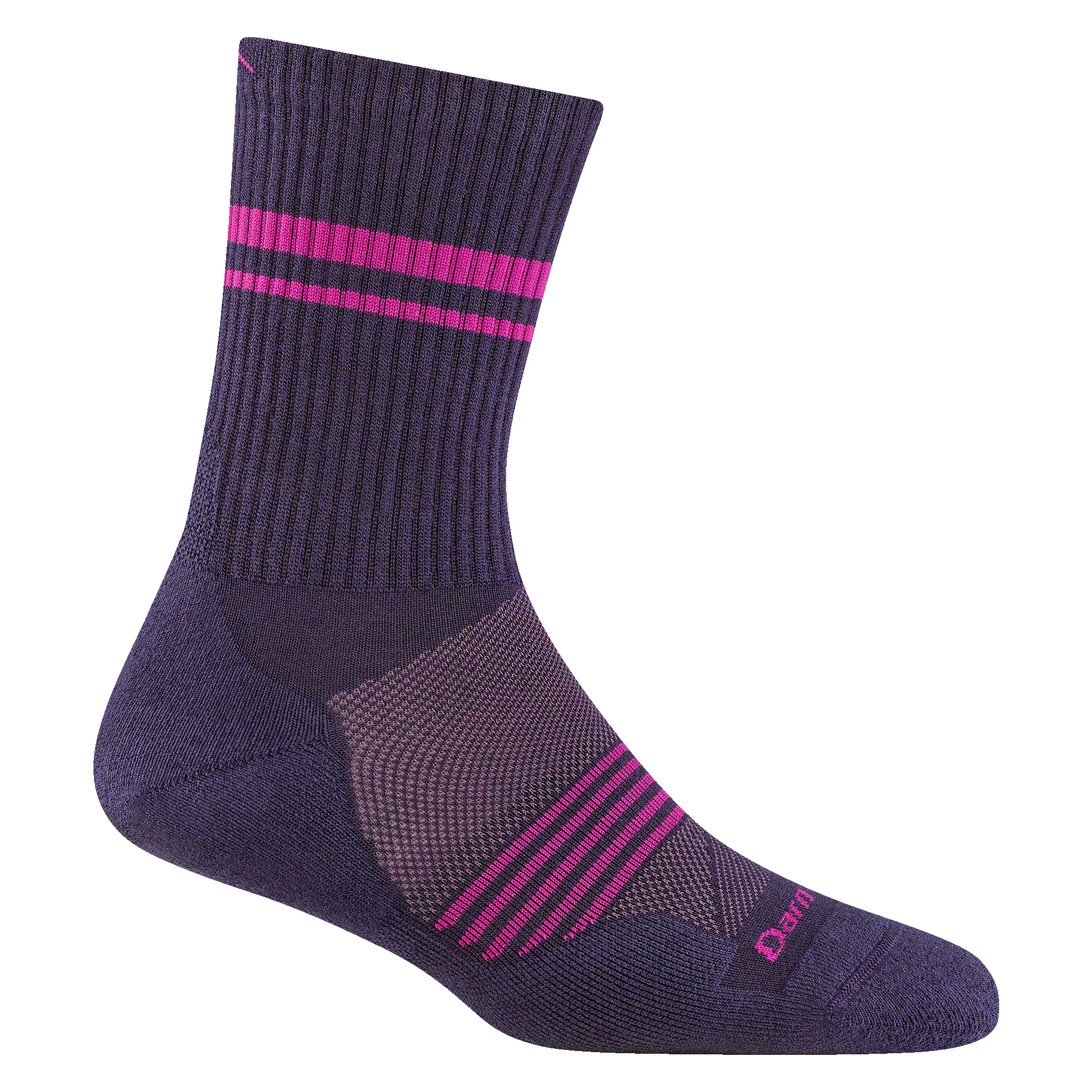1114 women's element micro crew running sock in blackberry with pink forefoot striping and horizontal leg stripes