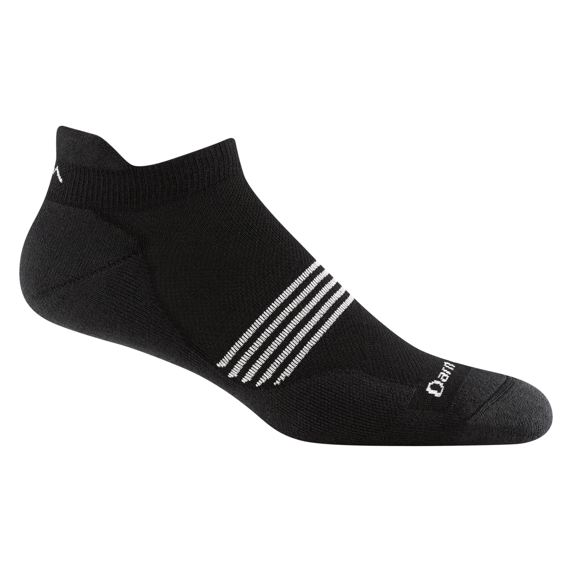 1116 men's element no show tab running sock in color black with white forefoot striping and darn tough signature