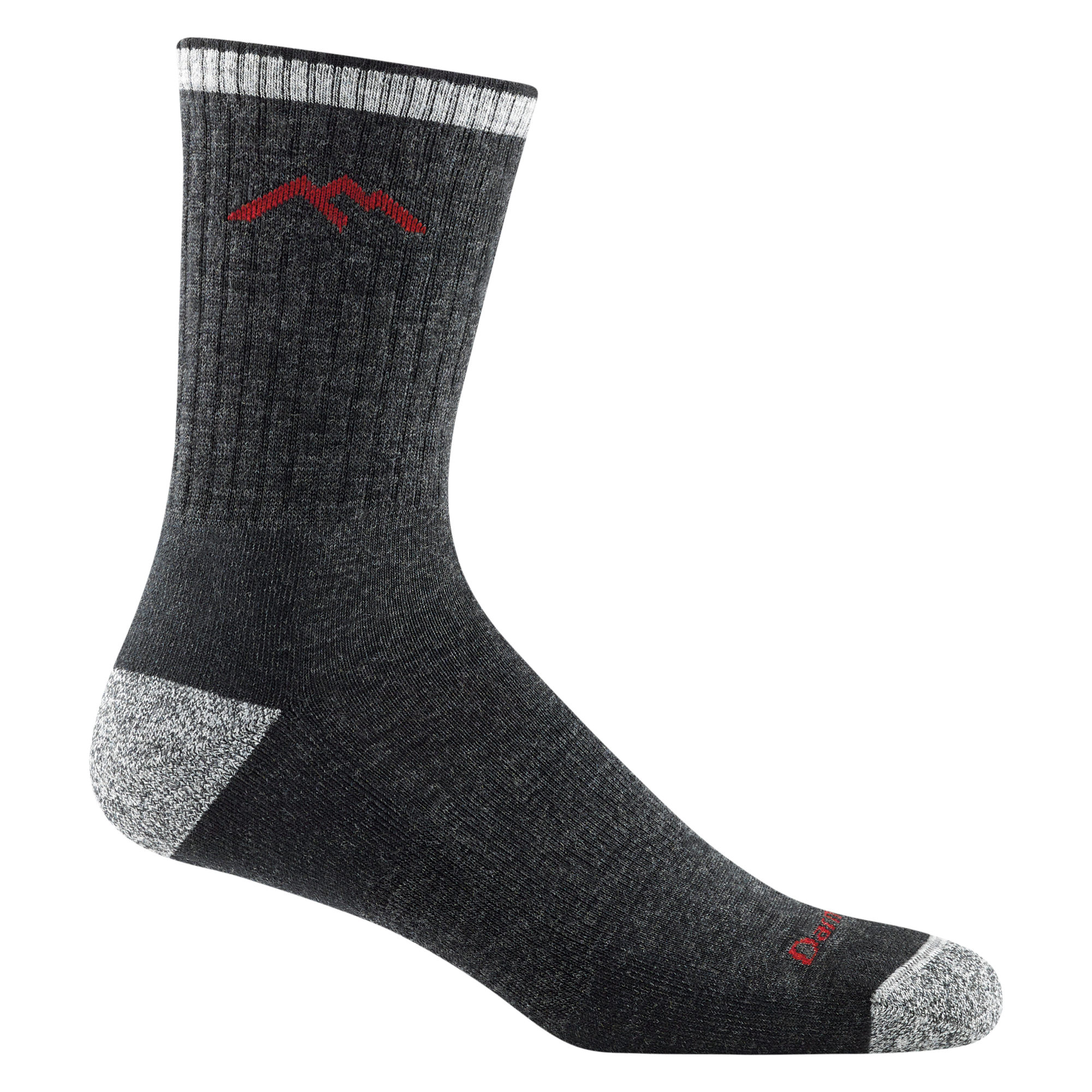 1466 men's micro crew hiking sock in color black with light gray toe/heel accents and red darn tough signature on forefoot