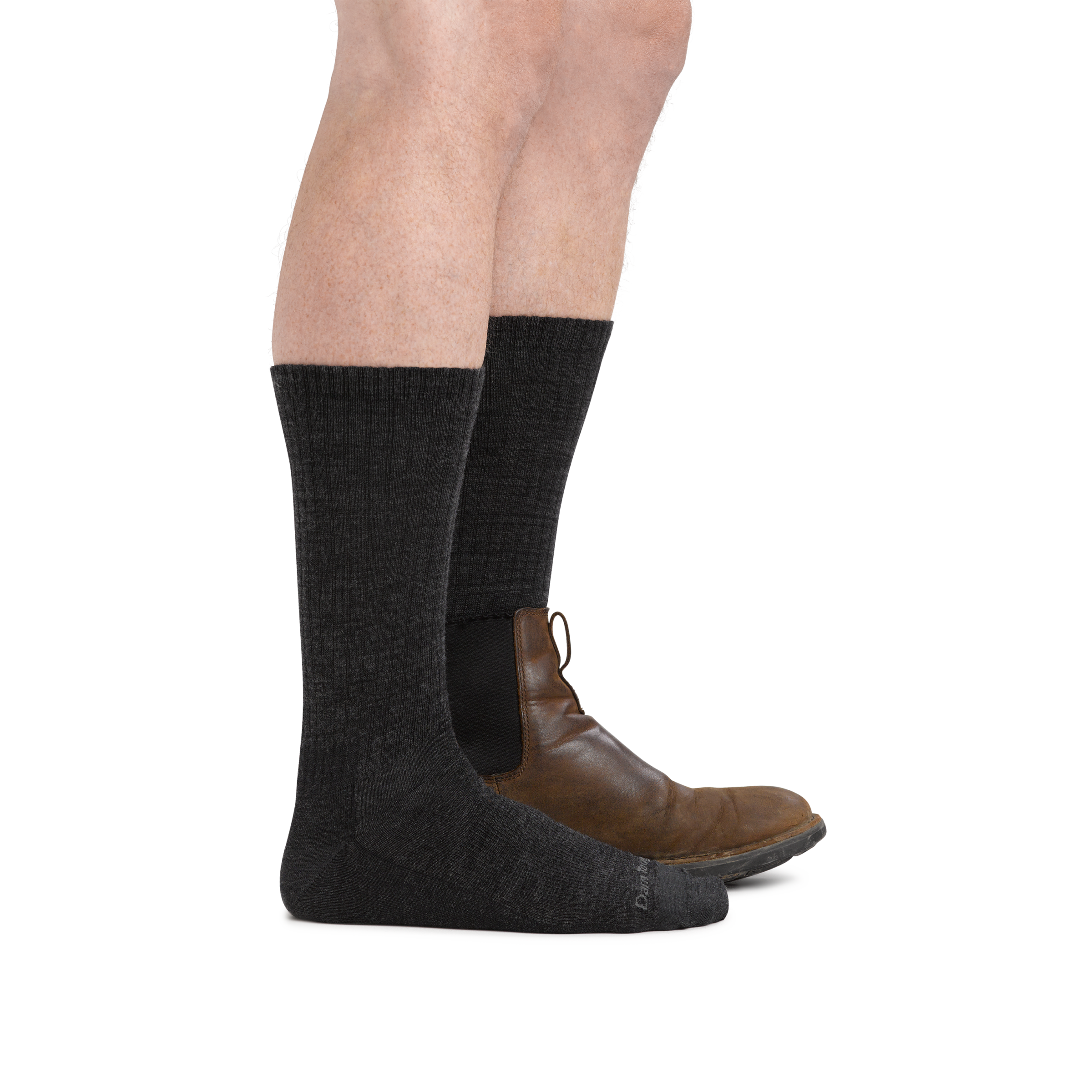 Man wearing The Standard Crew  Lightweight Lifestyle Sock in Charcoal wearing a boot on the back foot