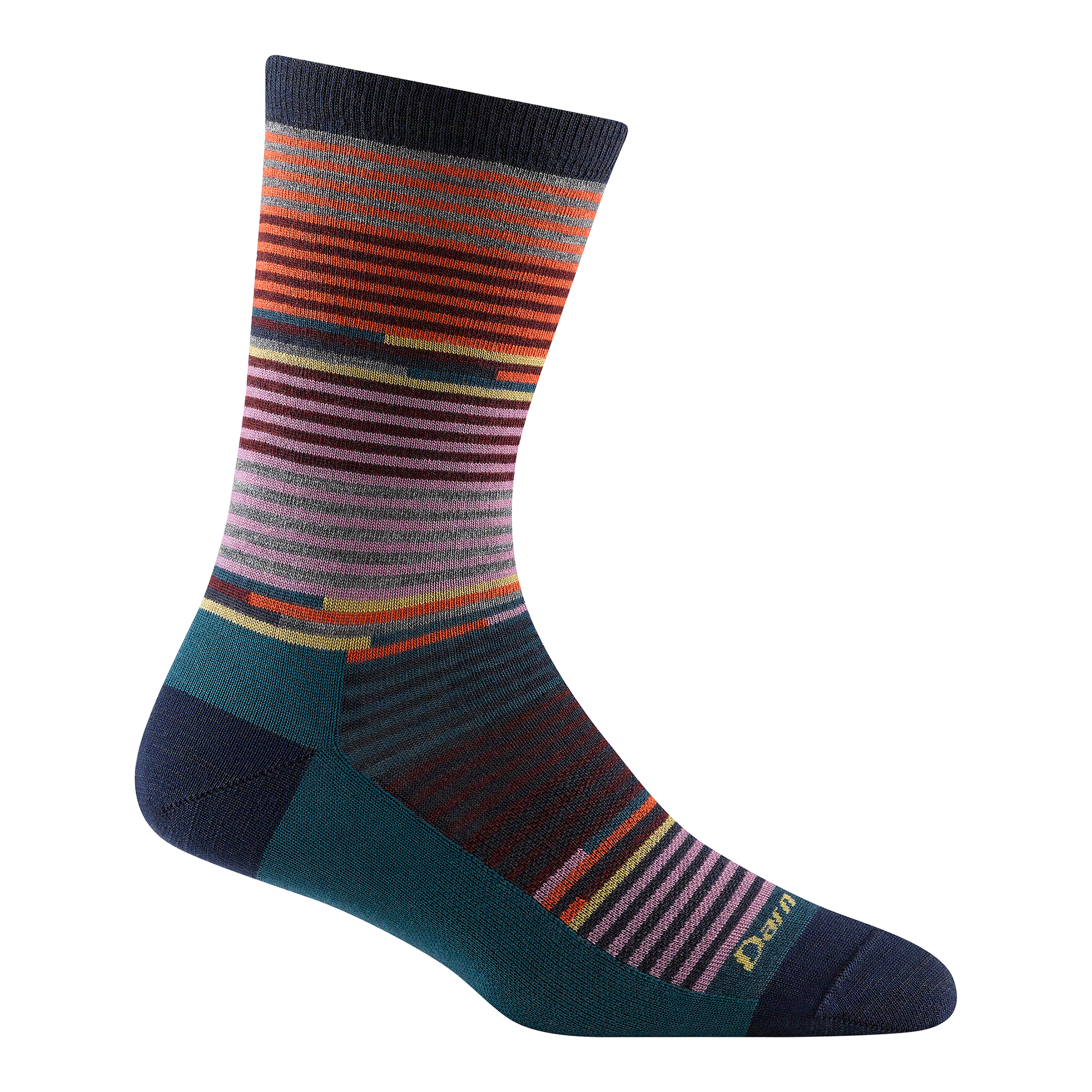 1692 women's pixie crew lifestyle sock in color navy with orange, pink, teal and yellow striping