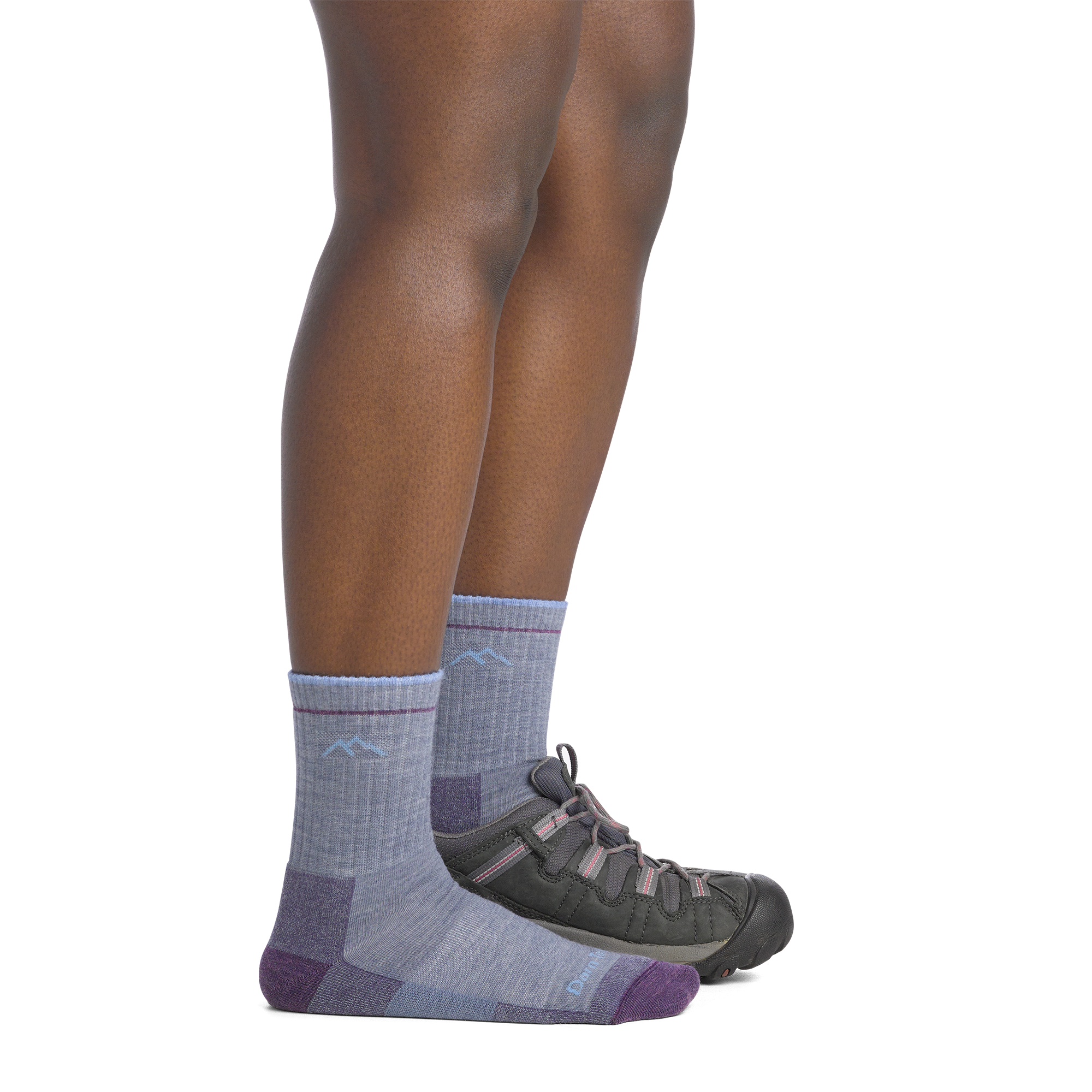 on model image side view with back foot in shoe wearing the 1903 micro crew hiker in light denim colorway