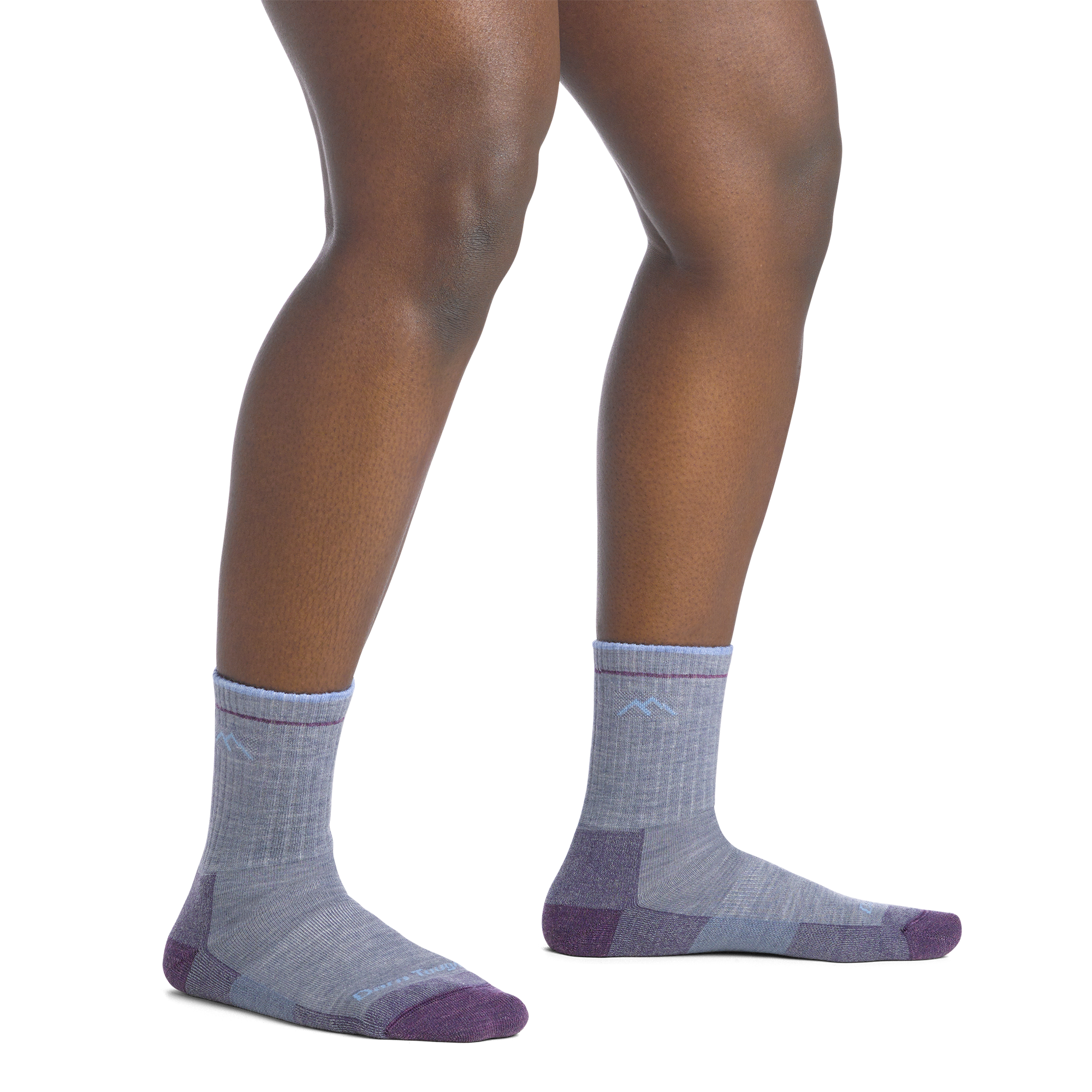 on model image bare foot wearing the 1903 micro crew hiker in light denim colorway