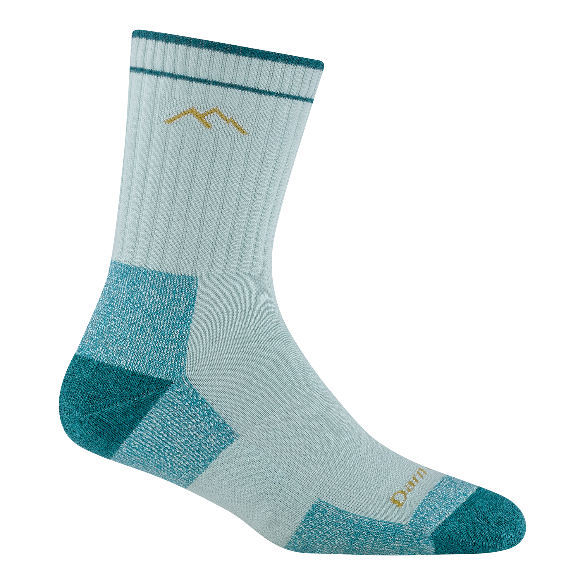 1929 women's coolmax micro crew hiking sock in glacier with teal toe/heel accents and yellow mountain logo