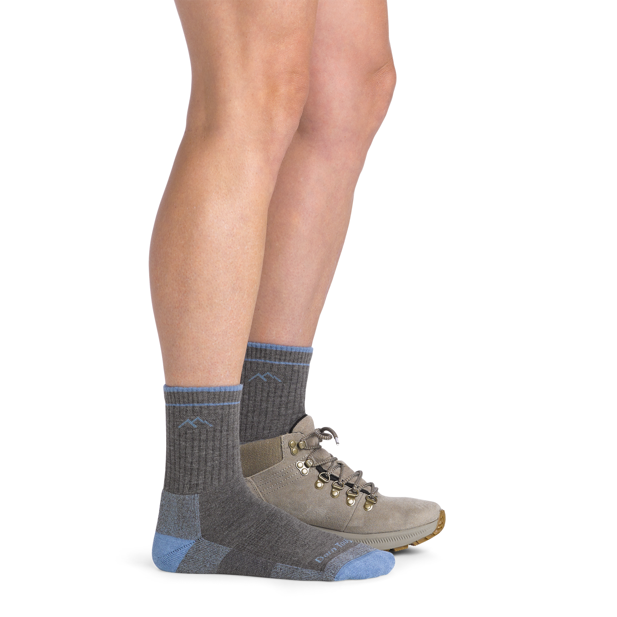 on model image side view with back foot in shoe wearing the 1929 micro crew coolmax hiker in gray colorway
