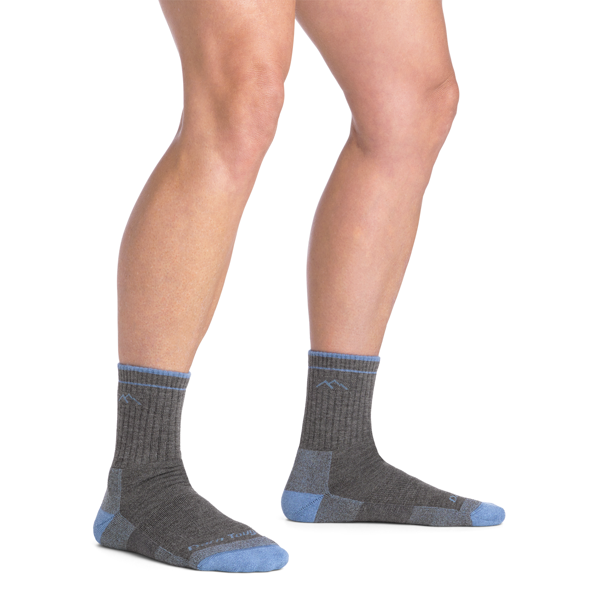 on model image bare foot wearing the 1929 coolmax micro crew hiker in gray colorway