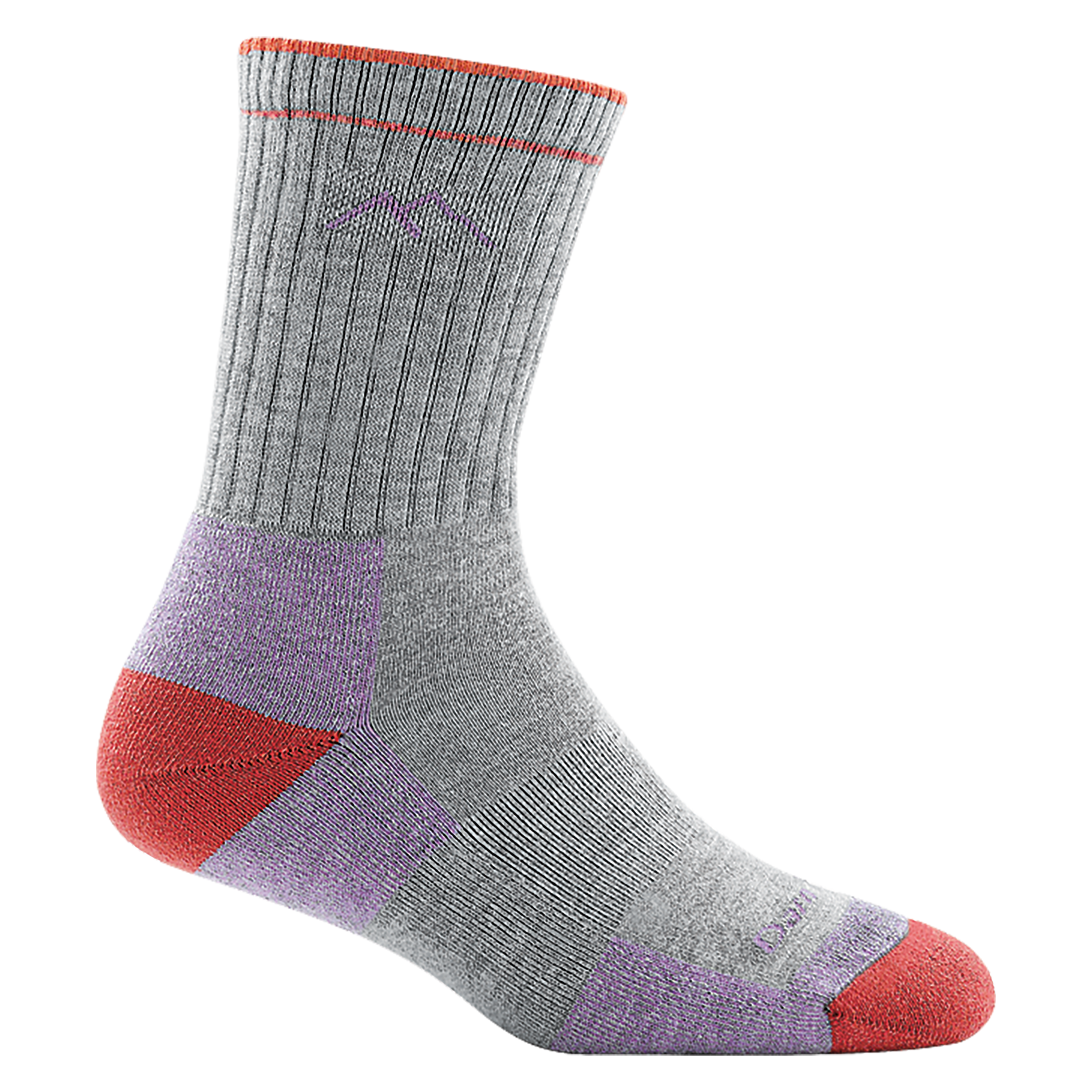 1929 women's coolmax micro crew hiking sock in light gray with orange toe/heel accents and purple mountain logo