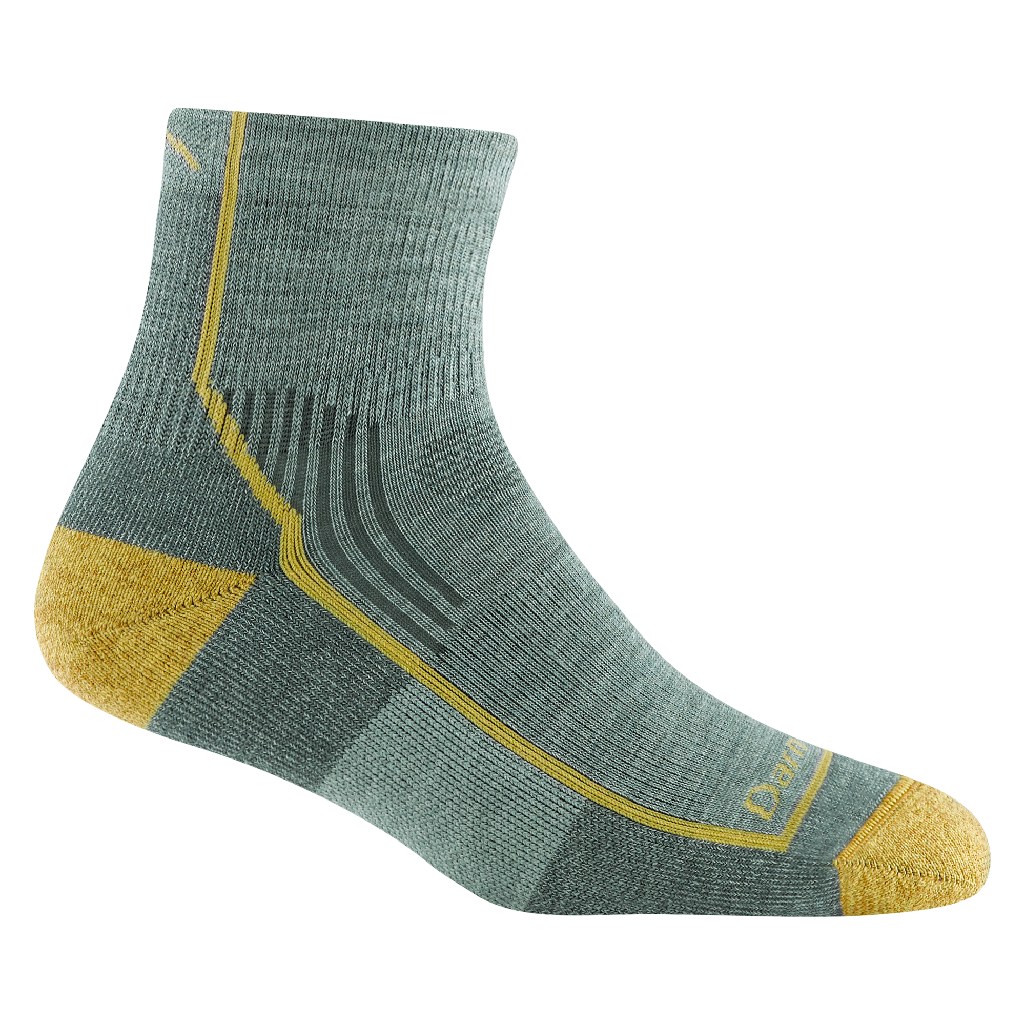 1958 women's quarter hiking sock in color sage with yellow toe/heel accents and forefoot outline