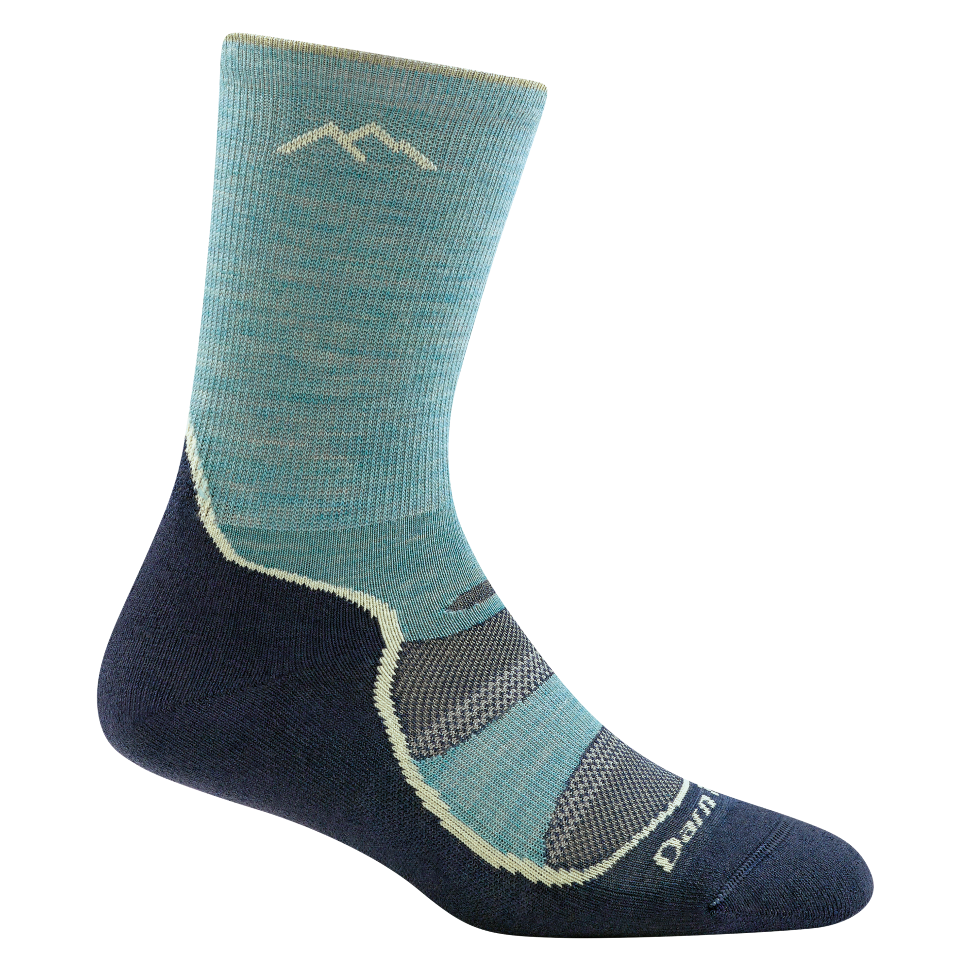 1967 women's light hiker micro crew hiking socks in aqua with navy blue bottom and seafoam green stripe on forefoot