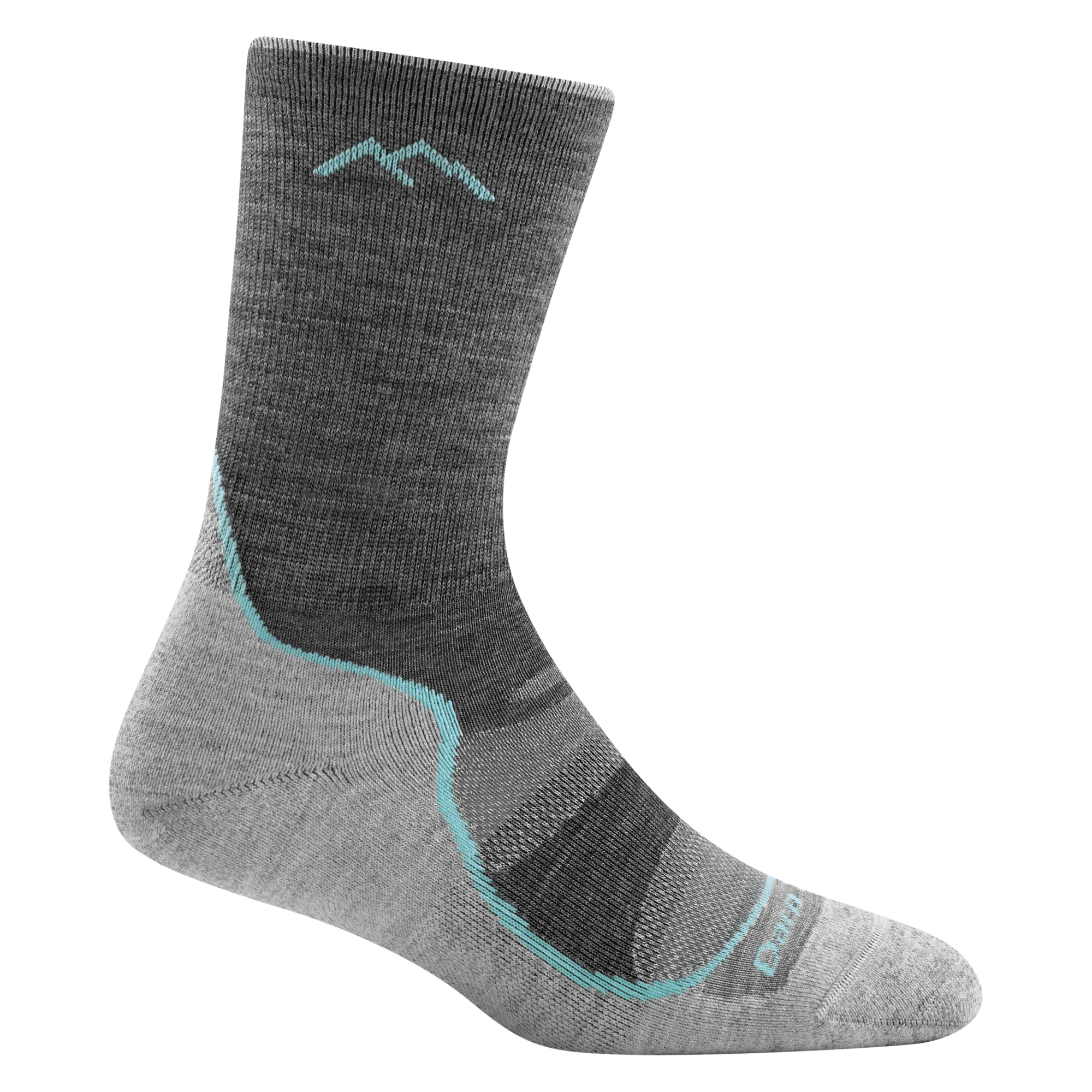 1967 women's light hiker micro crew hiking socks in color slate gray with light gray bottom and light blue stripe
