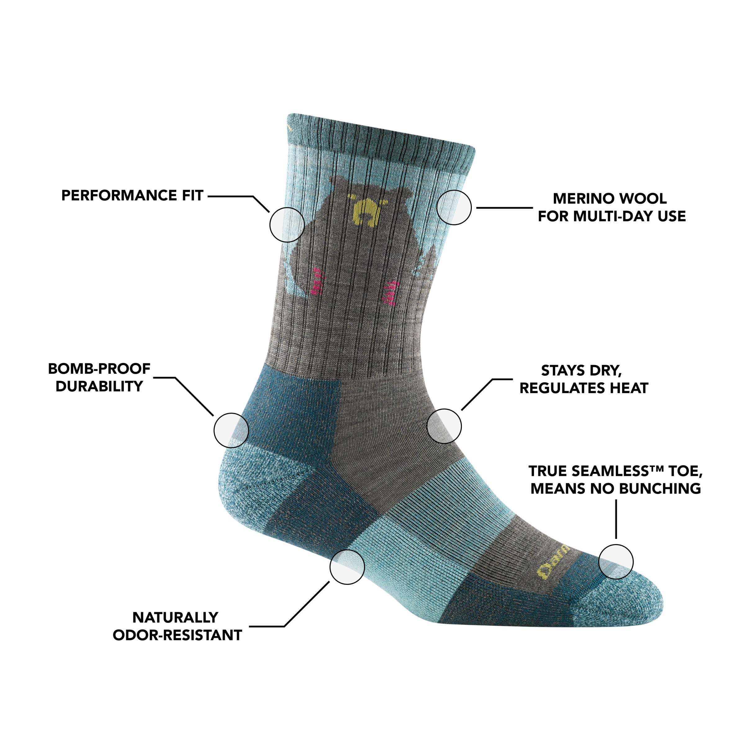 Women's bear town micro crew hiking sock with feature benefit callouts, such as heat regulation and performance fit