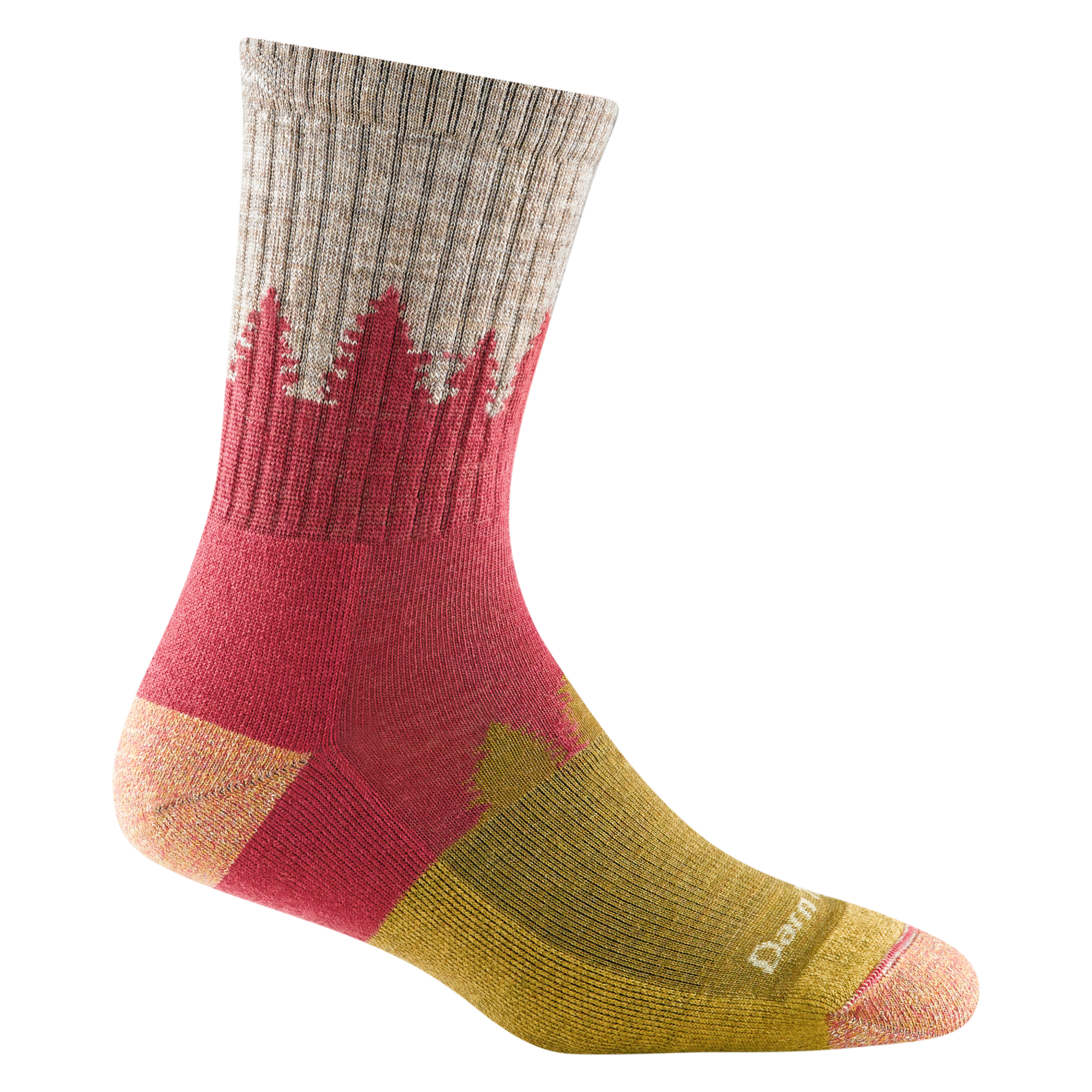 1971 women's treeline micro crew hiking sock in color cranberry with coral toe/heel accents and tree silhouette design