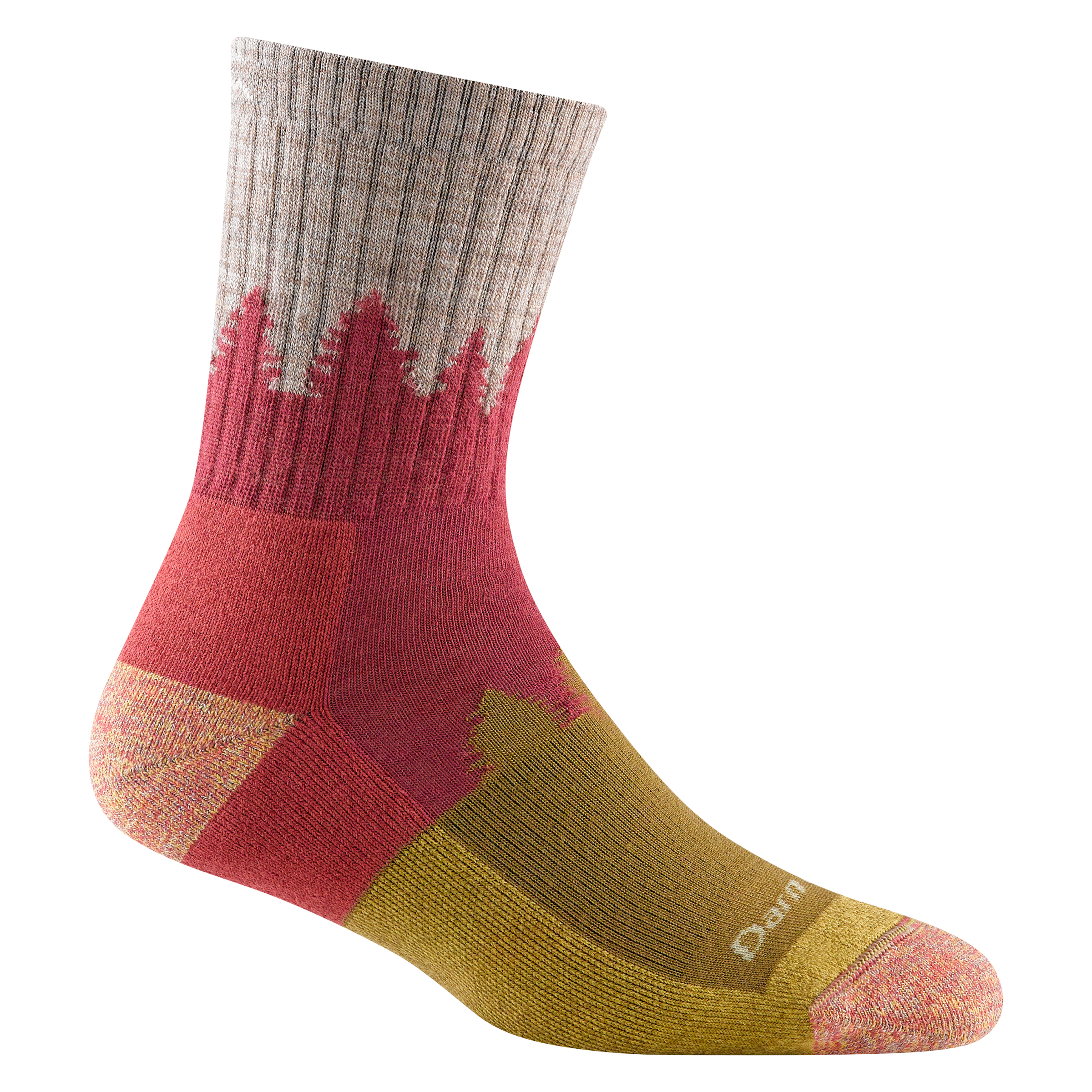 Reverse side of women's treeline micro crew hiking sock in color cranberry with grey calf and yellow forefoot