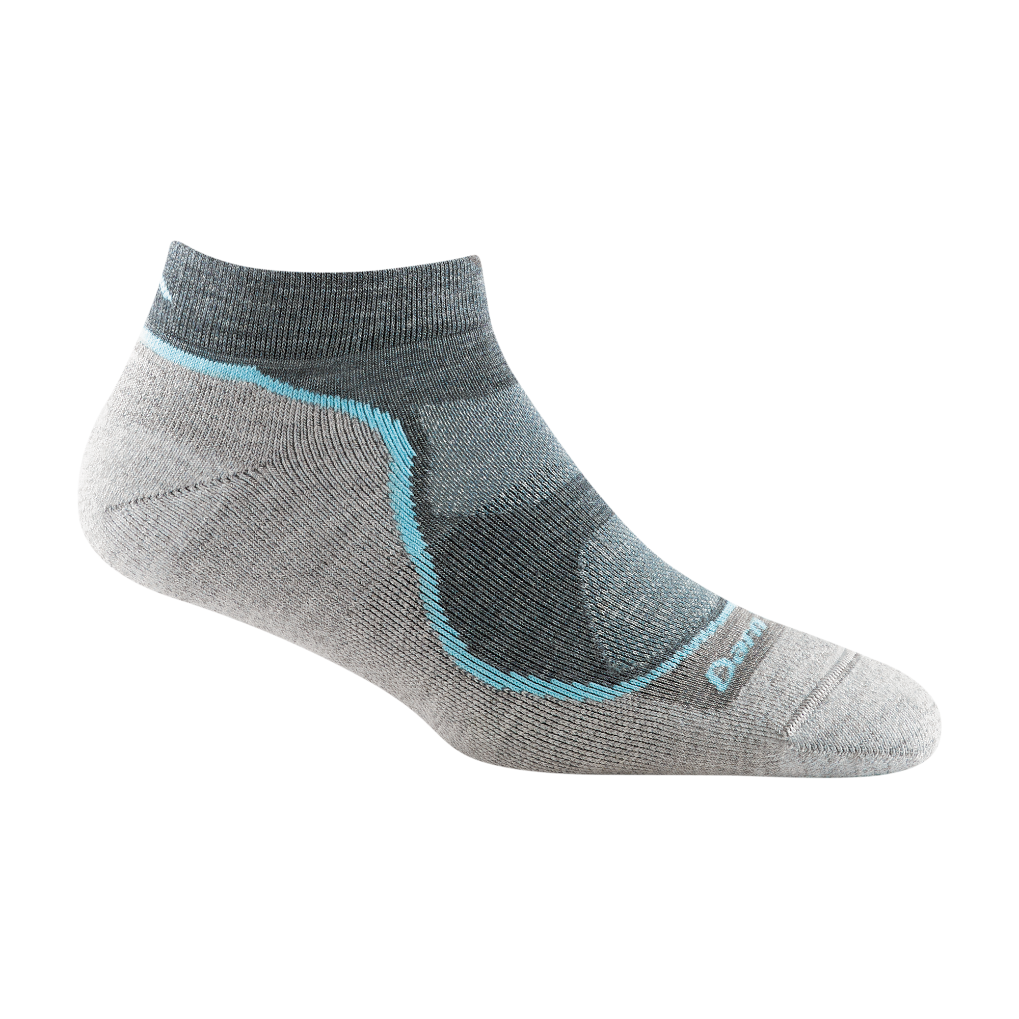 1986 women's light hiker no show hiking sock in slate gray with light gray bottom and light blue stripe down forefoot