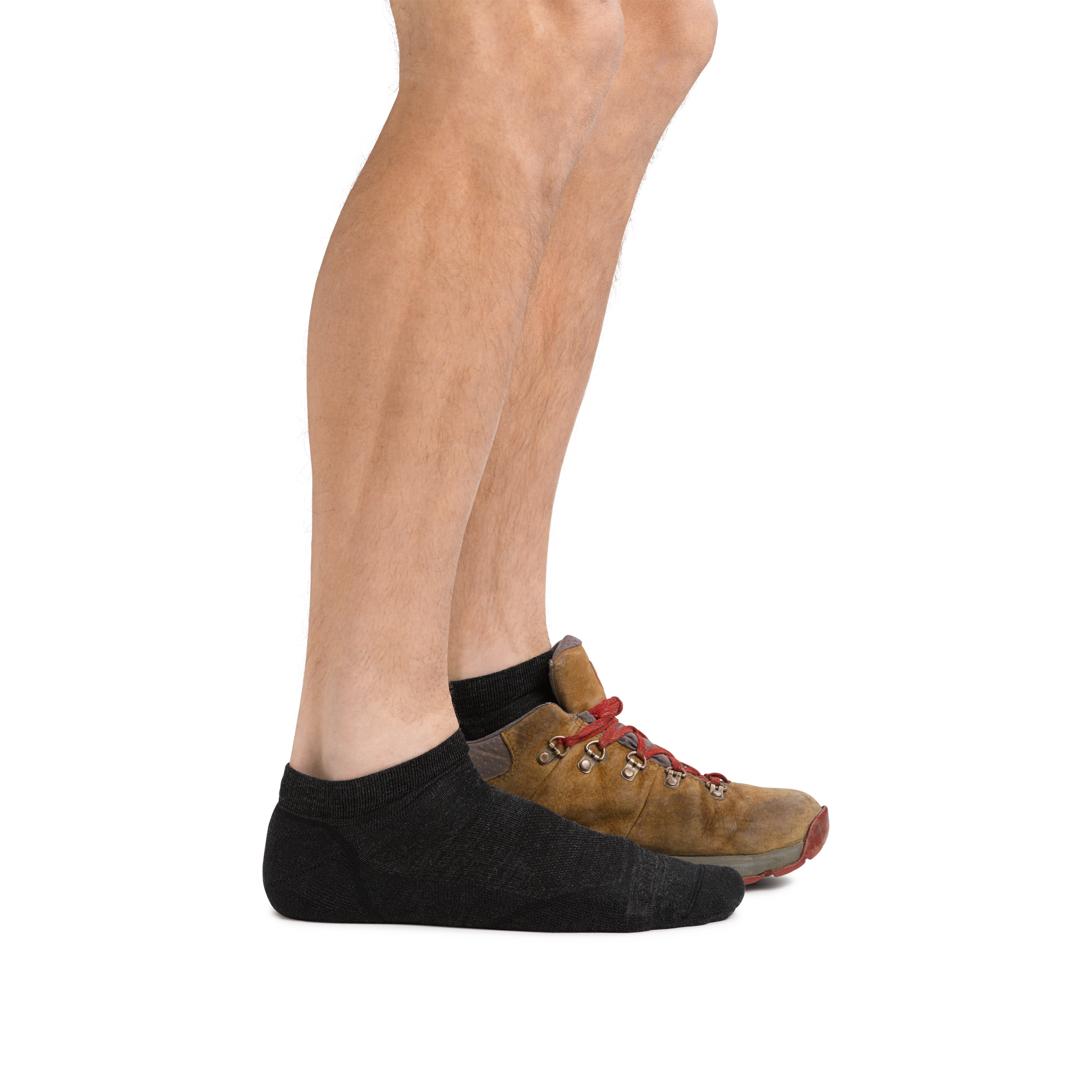 Man wearing Light Hiker No Show Lightweight Hiking Socks in Black and back foot also in a hiking boot