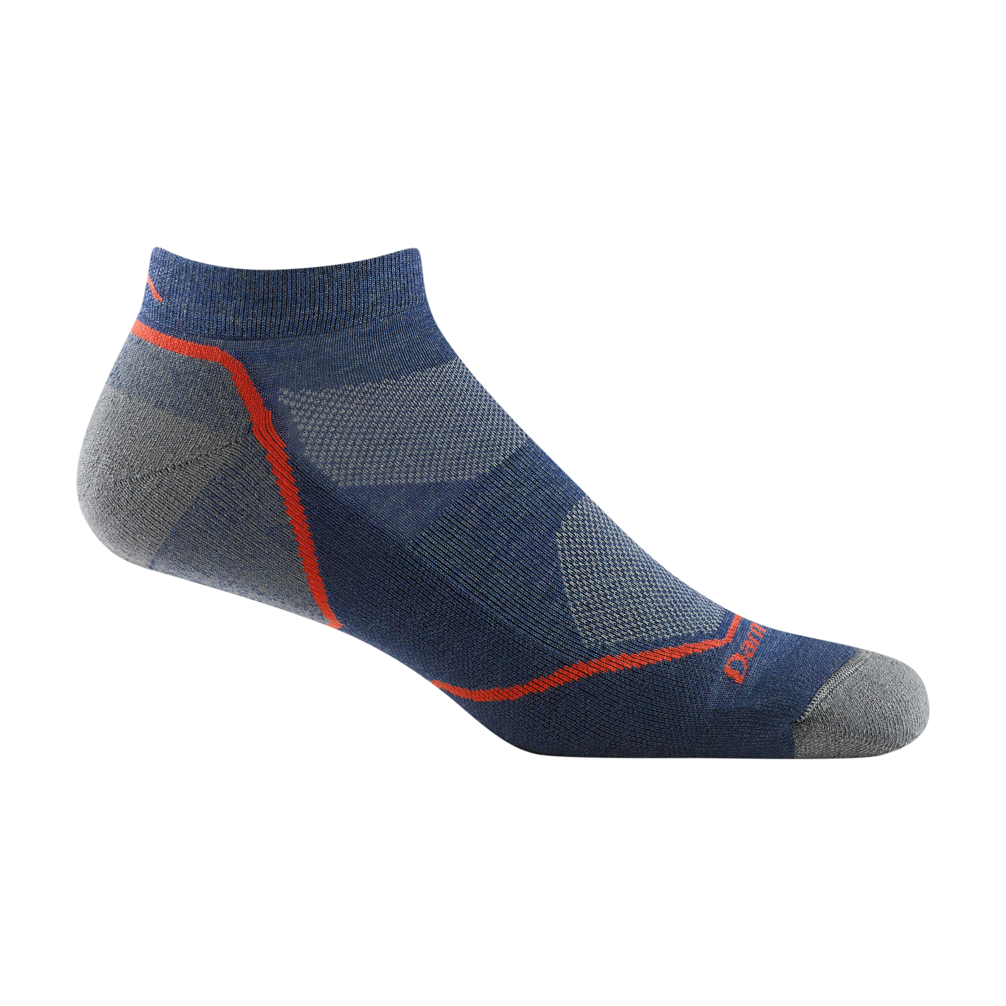 1990 men's light hiker no show hiking sock in color denim blue with orange stripe on heel and forefoot