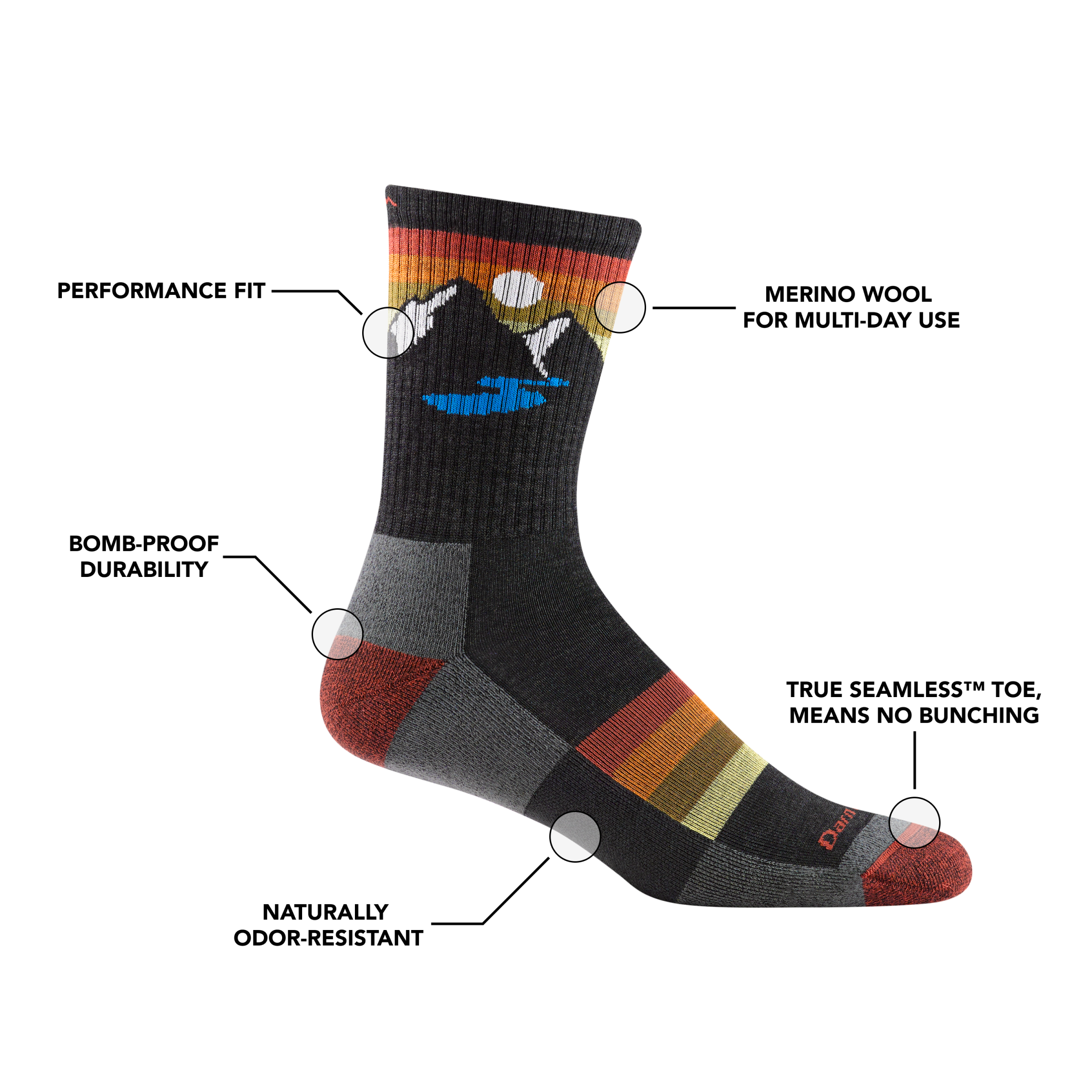 Men's sunset ridge micro crew hiking socks with feature callouts, such as performance fit and bomb-proof durability