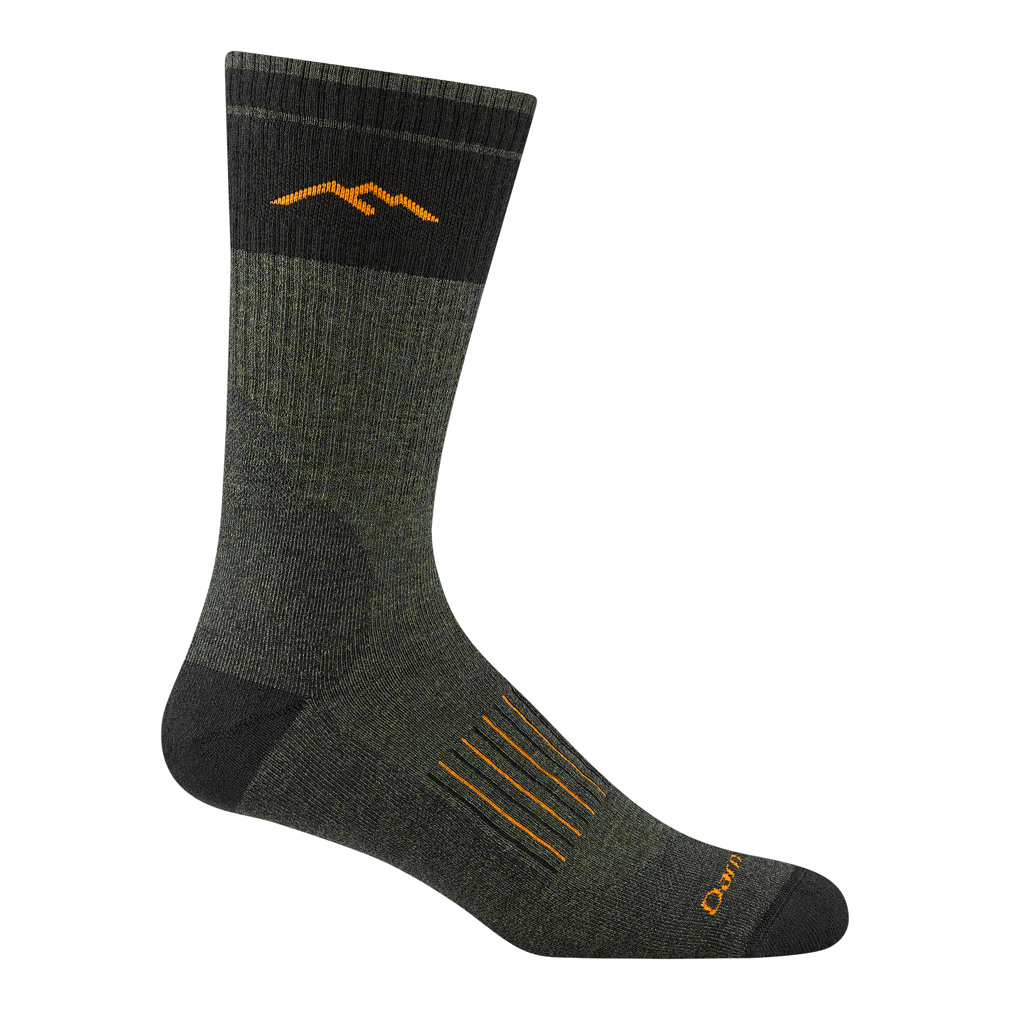 2101 men's hunting boot sock in color forest green with black toe/heel accents and orange mountain detail