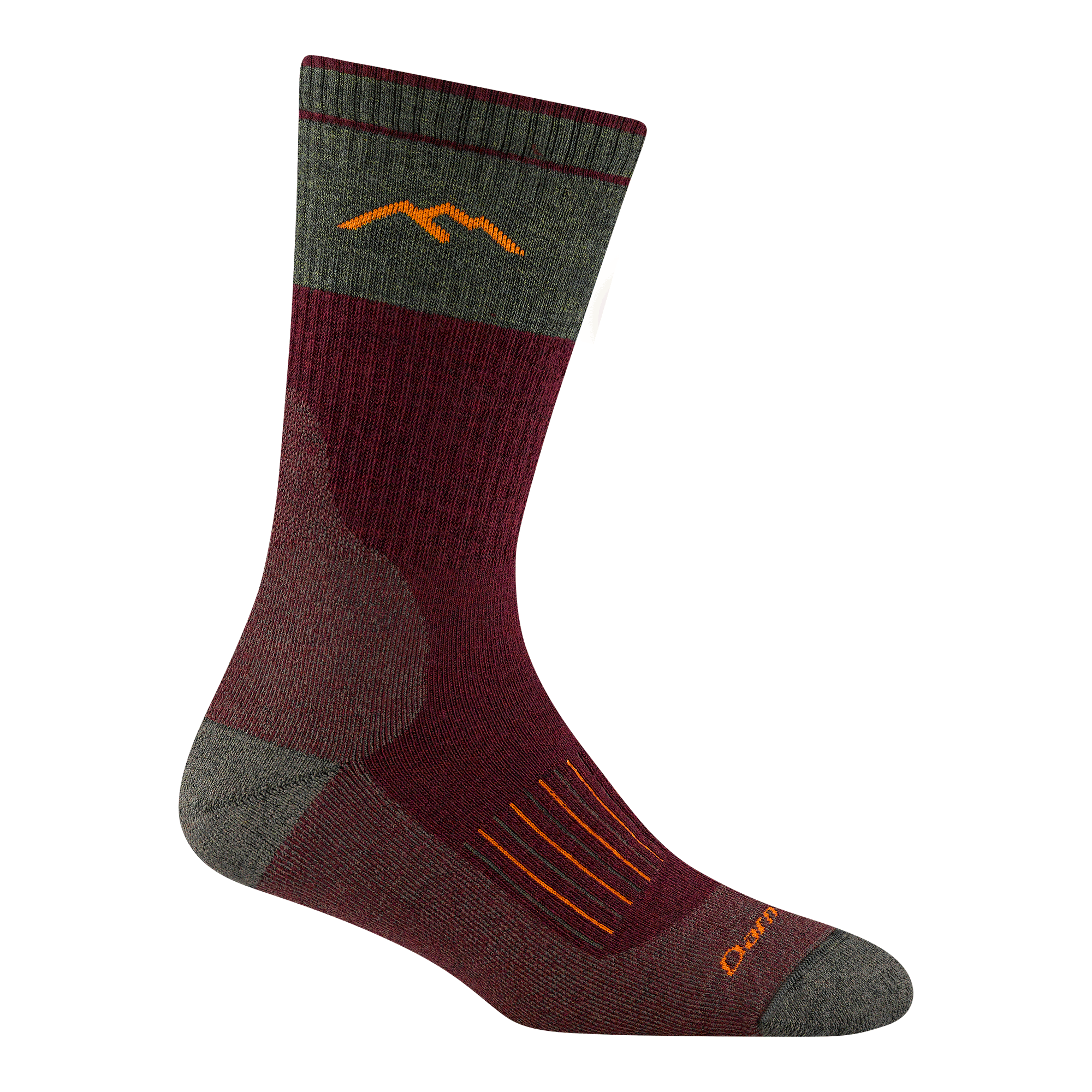 2104 women's hunting boot sock in ember with heather green toe/heel and color block on top-half of calf with orange logo and striping on top of foot