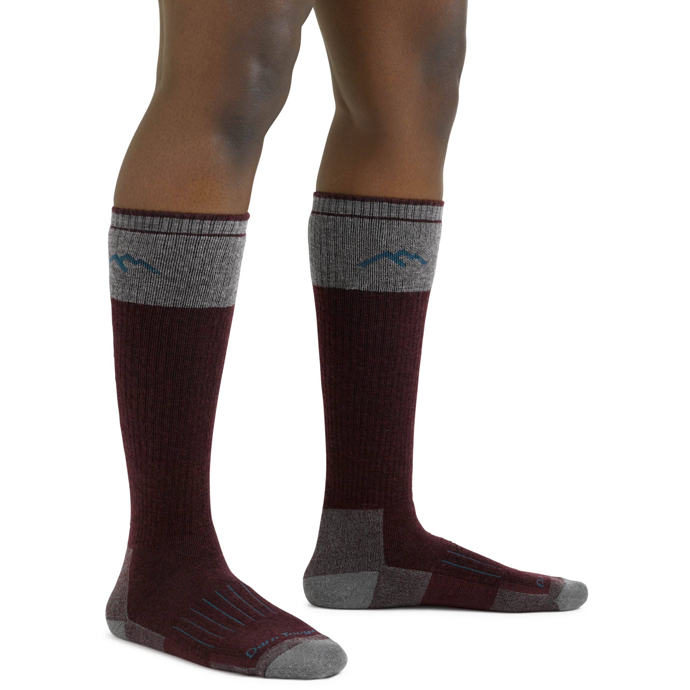 Women's Knee High Hunting Socks in Burgundy on foot