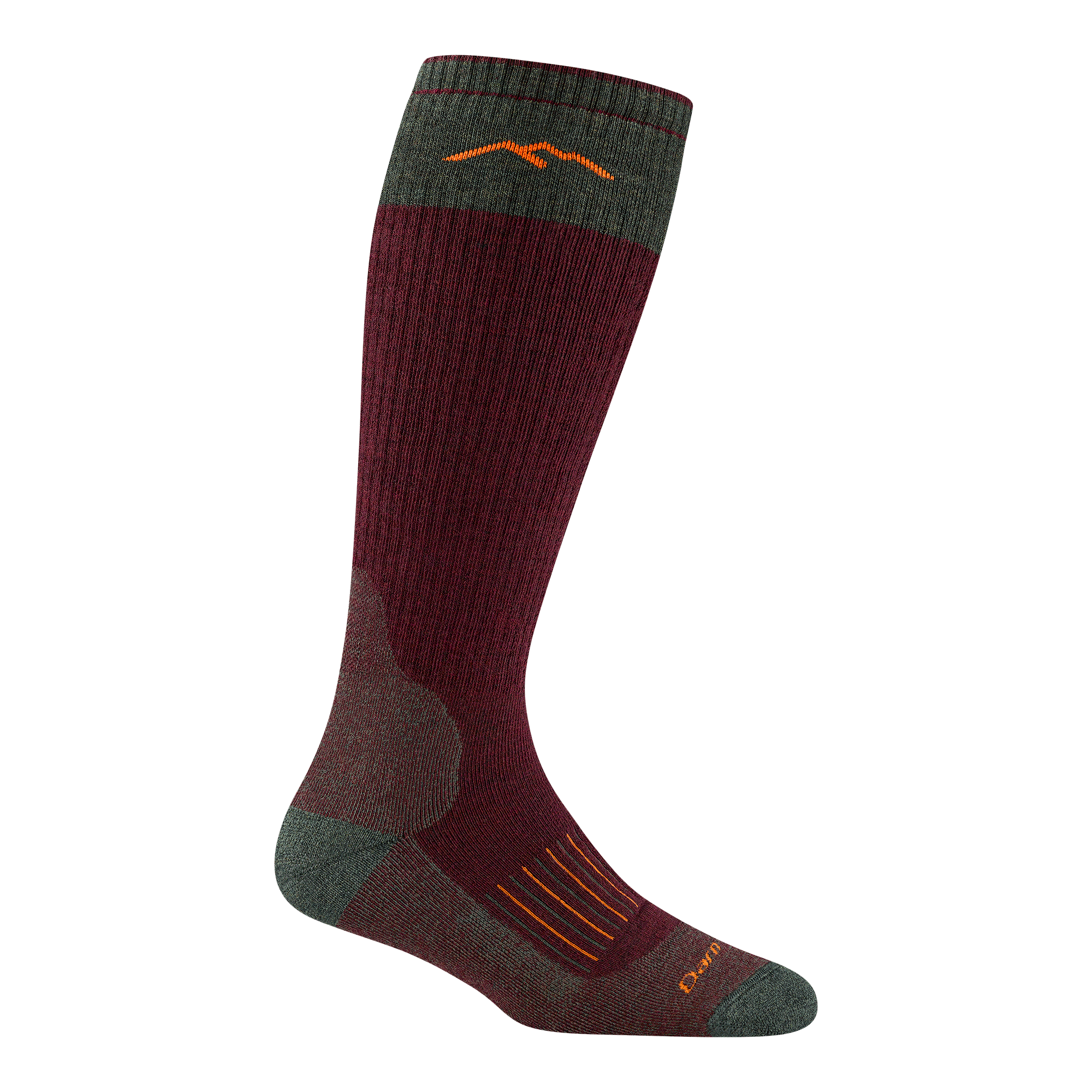2105 women's hunting over the calf sock in ember with heather green toe/heel and color block on top-half of calf with orange logo and striping on top of foot
