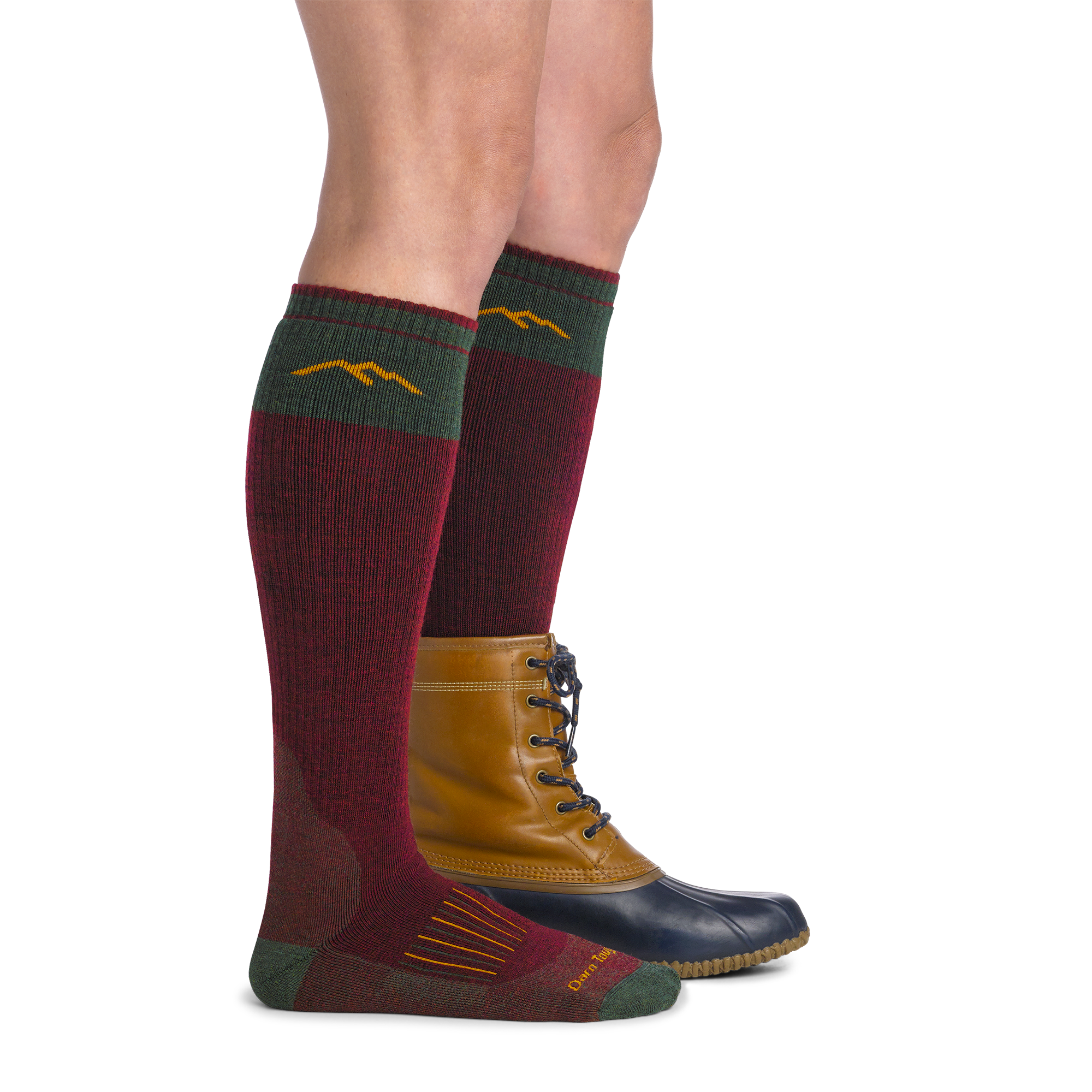 on model image side view back foot in boot wearing the 2105 hunting over the calf sock in ember colorway