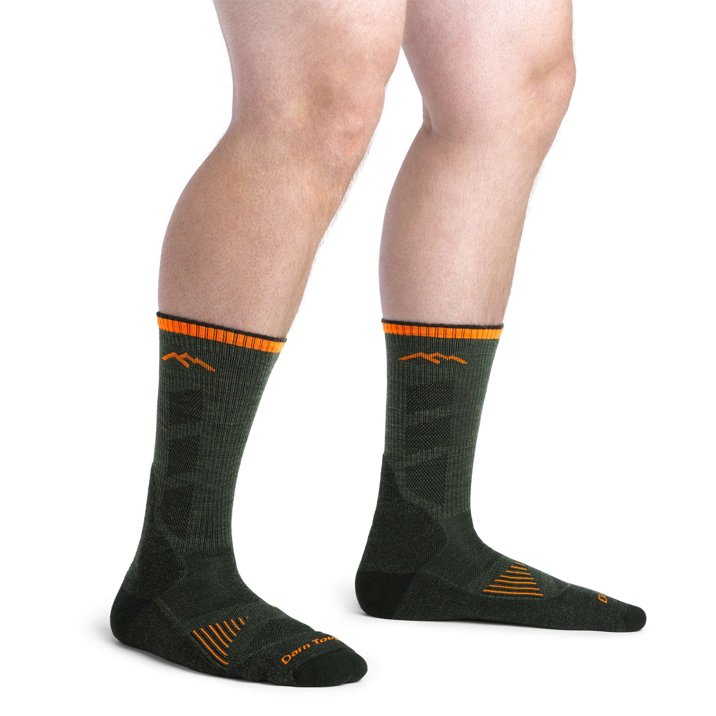 Men's Lightweight Hunting Boots Socks in Forest Green on foot with orange accents