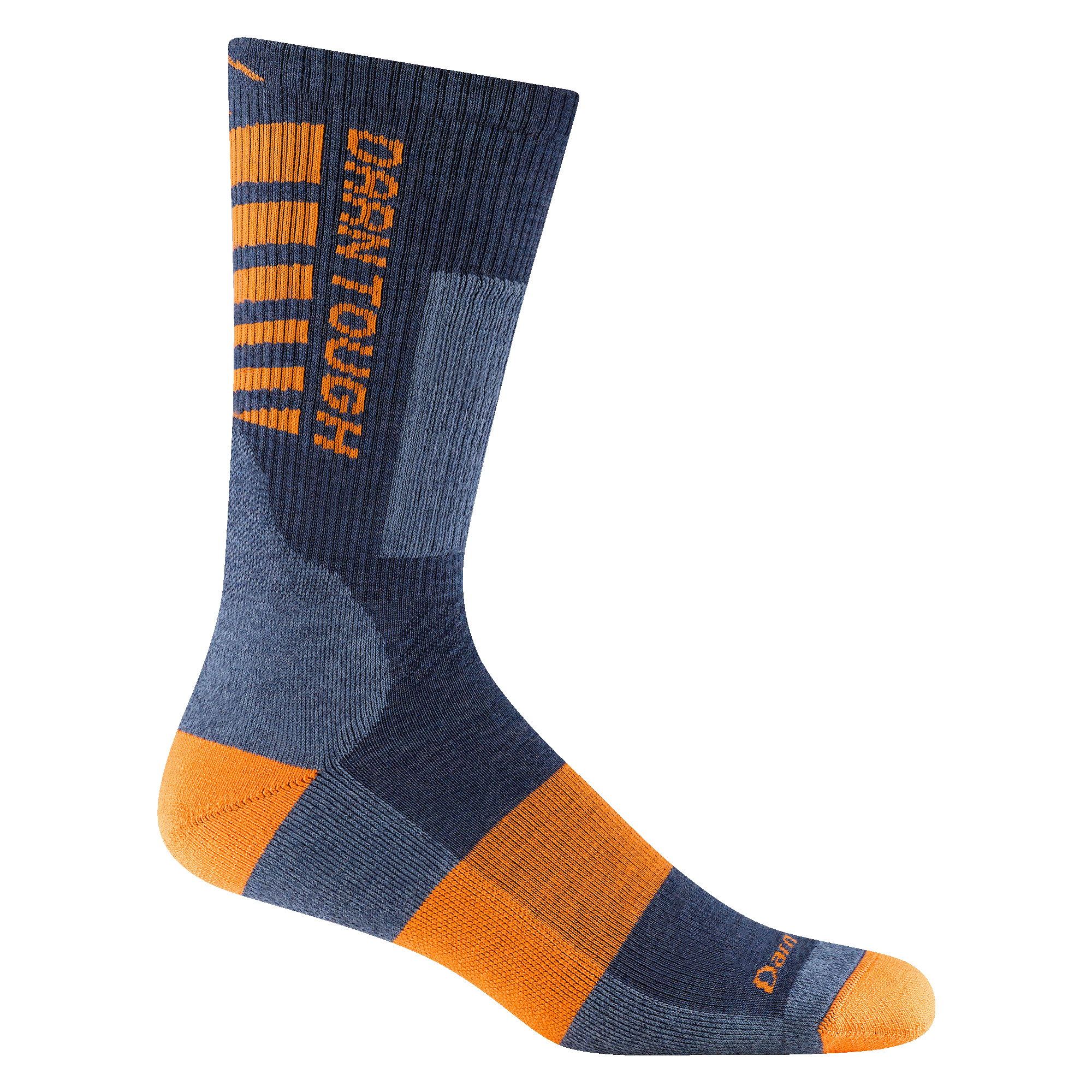 2207 Men's backbone work boot sock in indigo with orange heel/toe orange forefoot stripe and orange detail on ankle