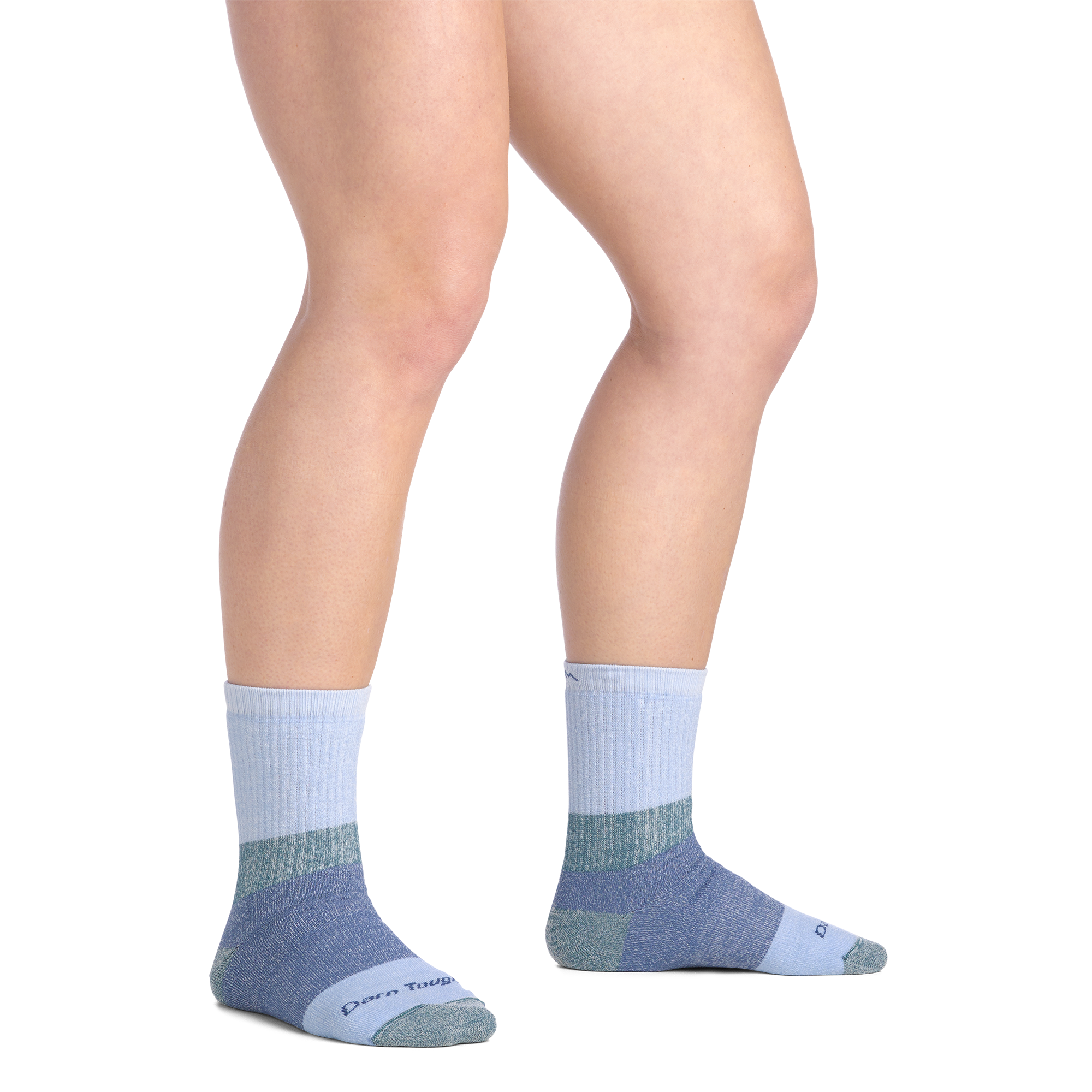 on model image bare foot wearing the 3045 hill topper micro crew sock in dragonfly colorway