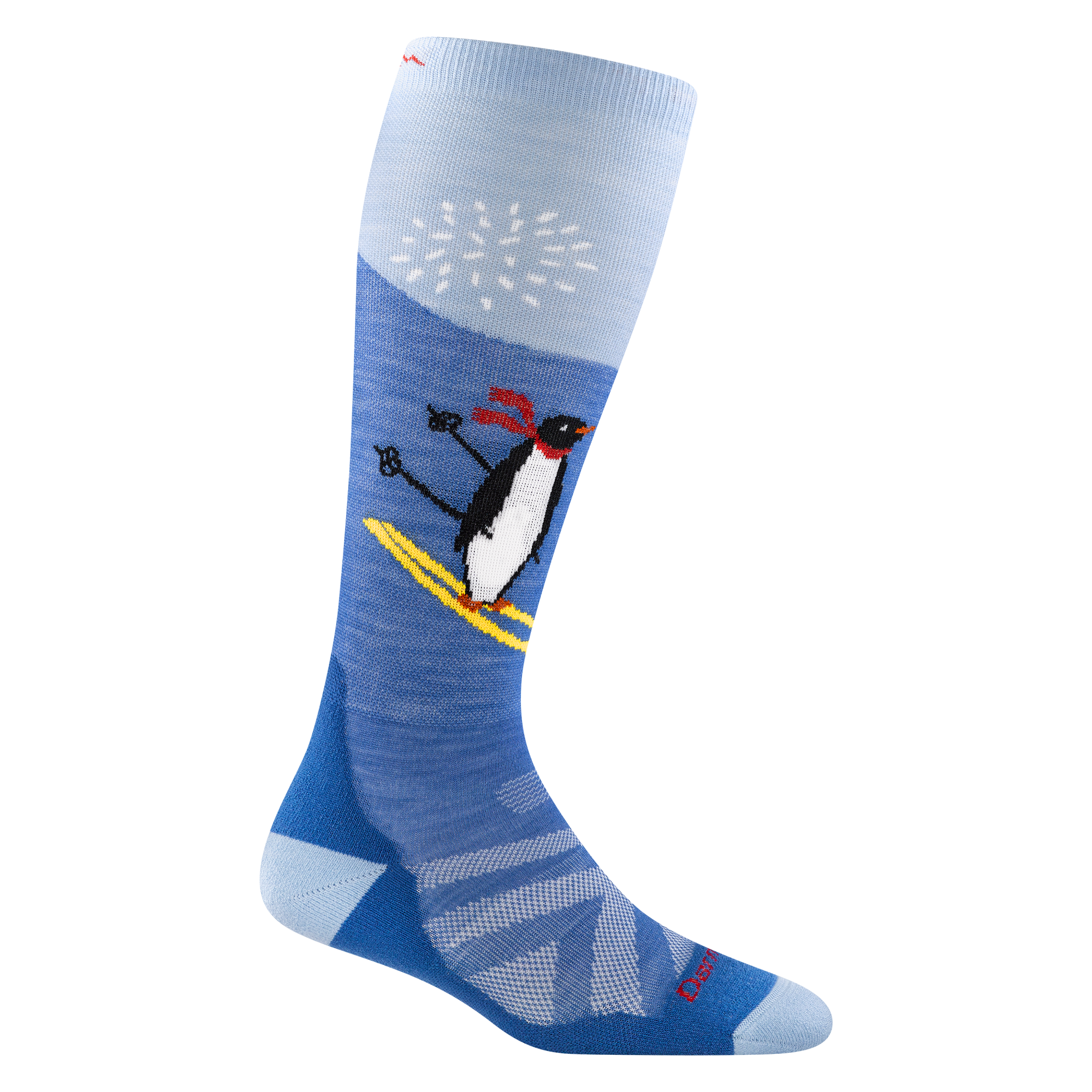 reverse 3808 penguin peak in stellar featuring a light blue heel/toe and a skiing penguin on the calf