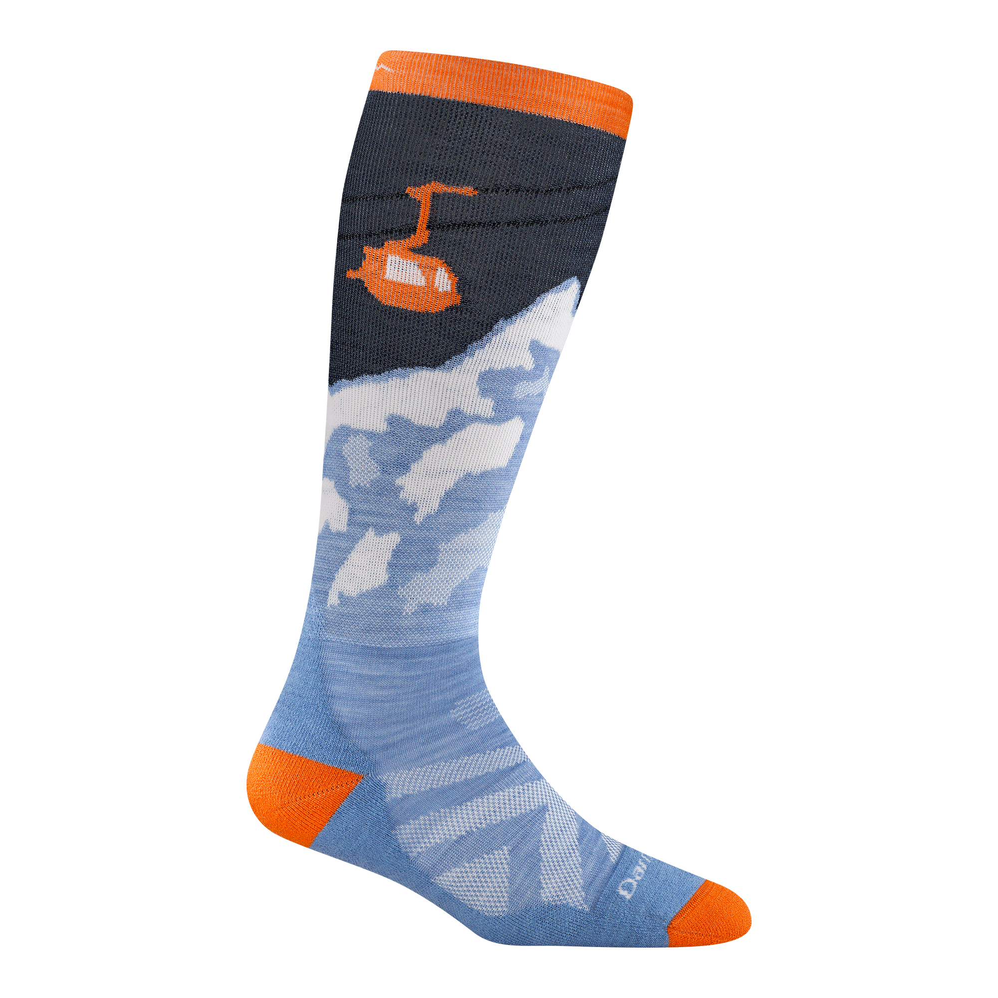 3809 Little yeti in midnight featuring the gondola and mountain side orange heel/toe and white logo