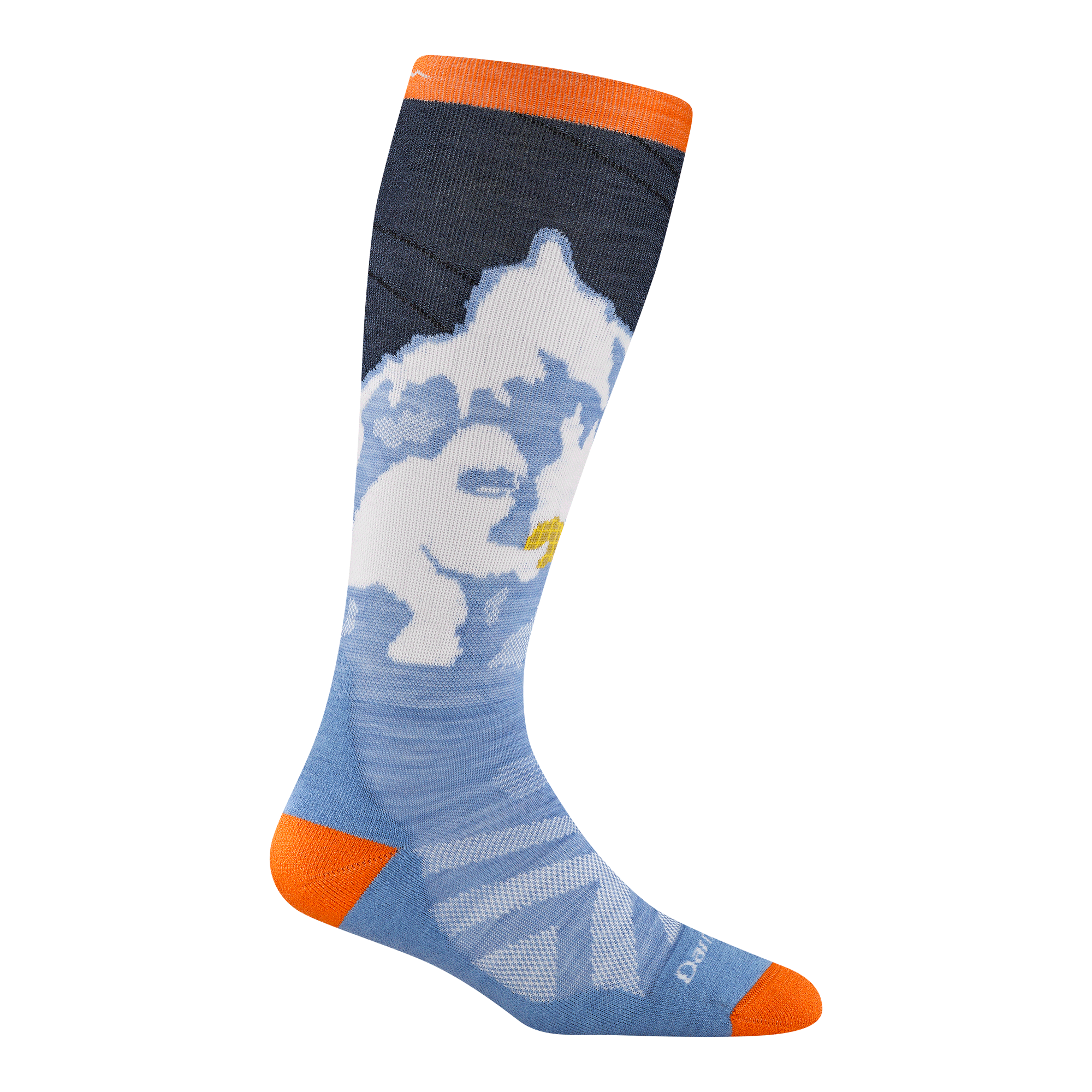 reverse 3809 Little yeti in midnight featuring the a yeti and mountain side orange heel/toe and white logo