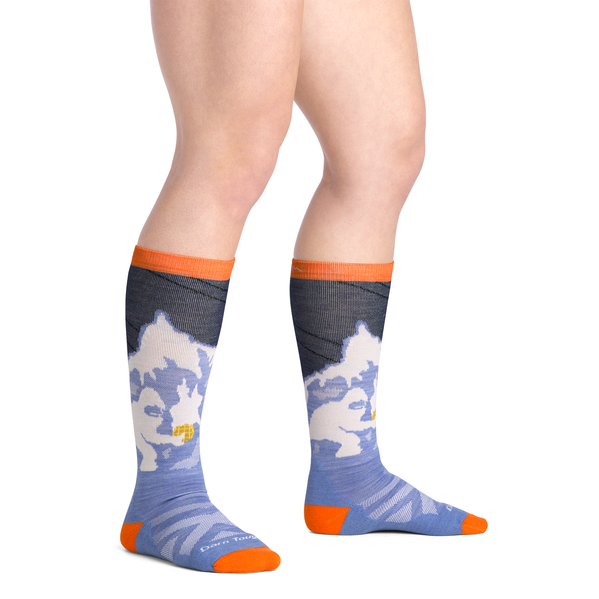 on model image bare foot wearing the 3809 little yeti over the calf sock in midnight colorway