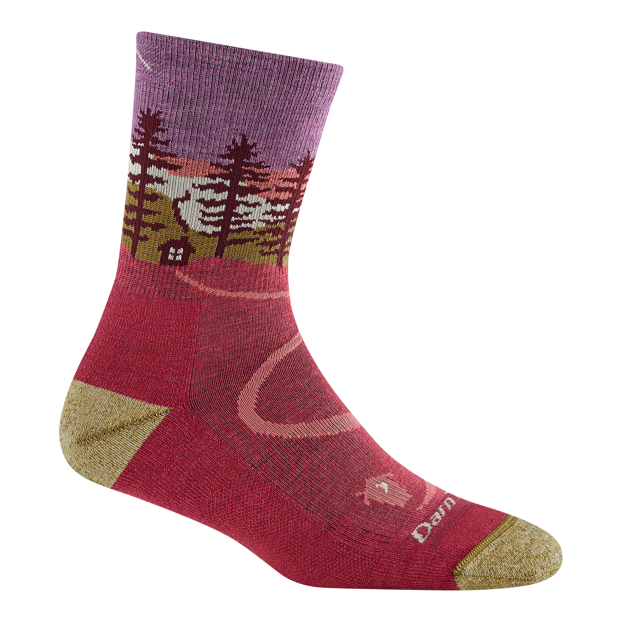 5013 women's northwoods micro crew hiking sock in cranberry with a yellow heather toe/heel accents and cabin and tree design on the ankle