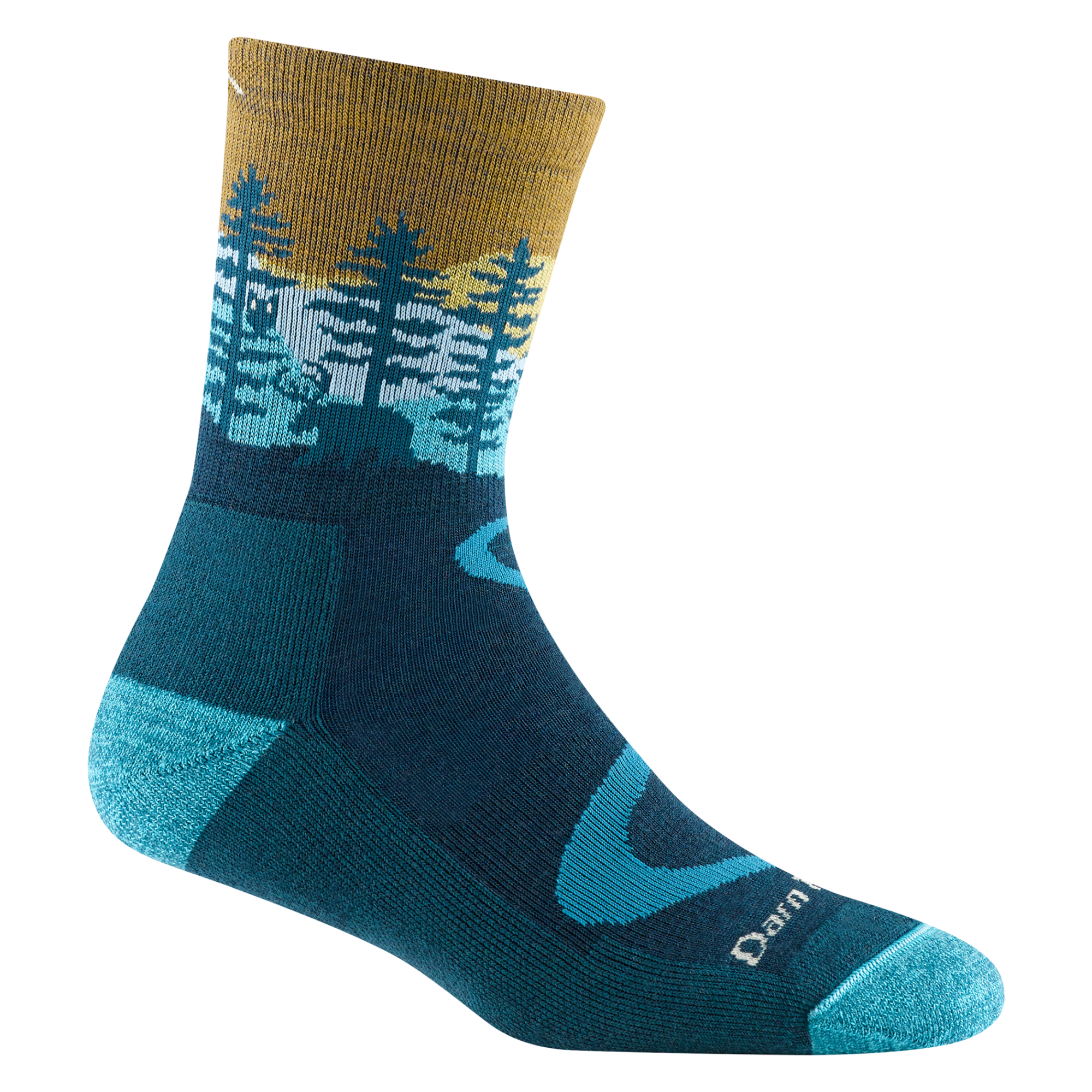 reverse 5013 women's northwoods micro crew hiking sock in dark teal with a blue toe/heel accents and a moose and tree design on the ankle