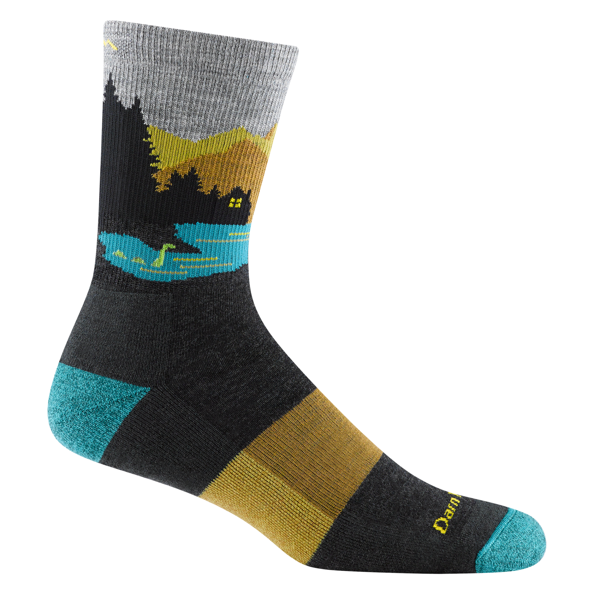 5014 Close encounter Micro crew midweight hiker in charcoal featuring lake house scene with loch ness in the water, Teal, toe/heel