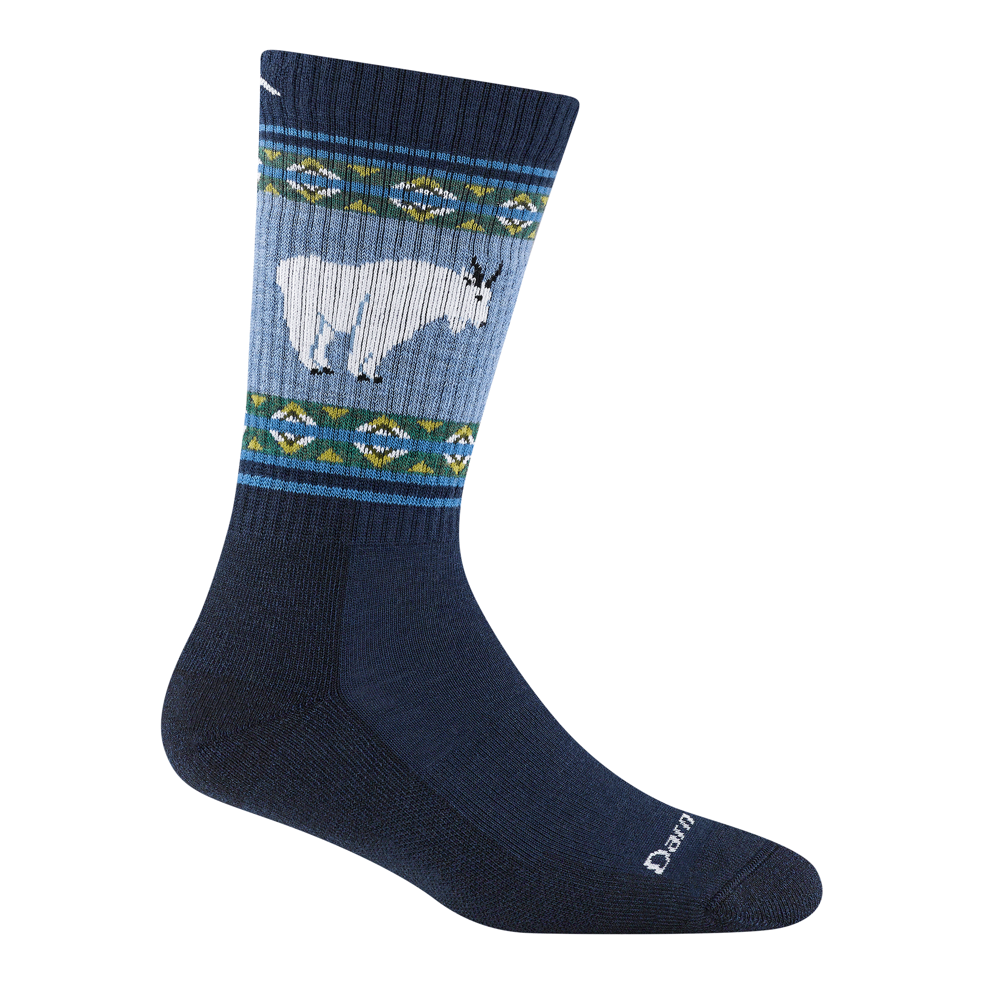 5017 vanna grizzle boot sock in goat blue with light blue stripe and design with a white mountain goat on the calf