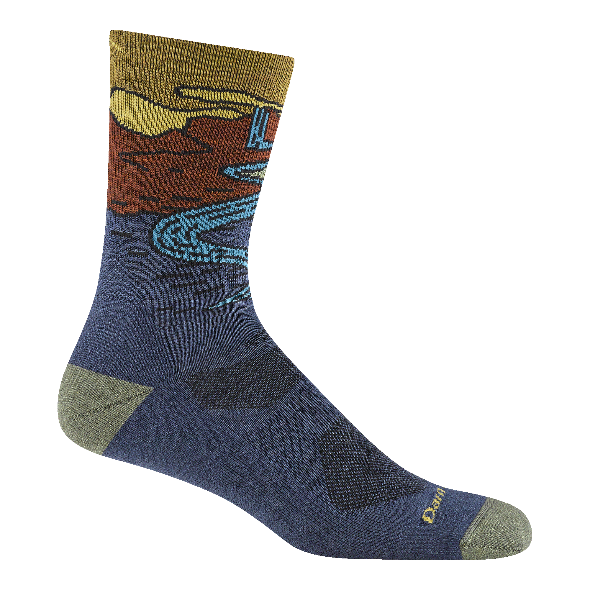 5020 chasing waterfalls micro crew hiking sock in denim featuring a pale yellow heel/toe  blue body and waterfall scene on leg