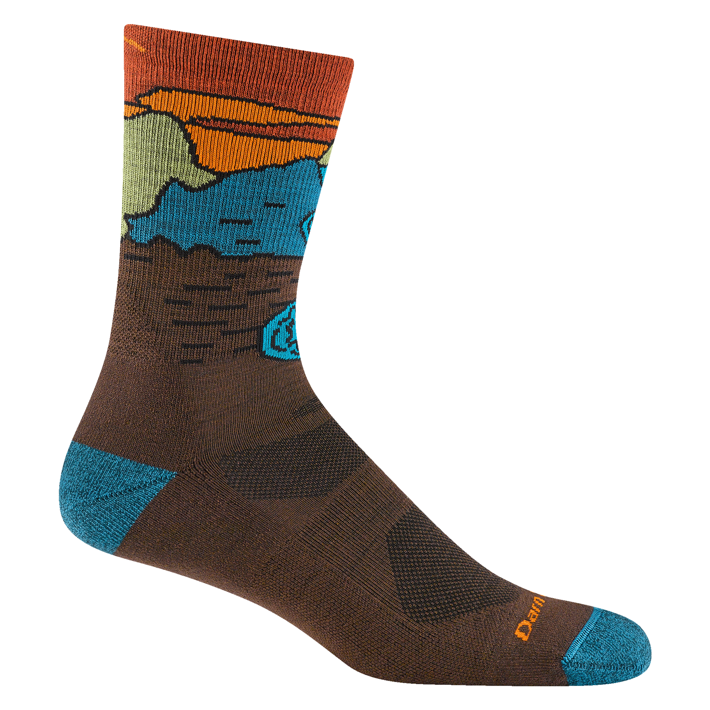 Reverse 5020 chasing waterfalls micro crew hiking sock in earth featuring a teal heel/toe brown body and waterfall scene on leg